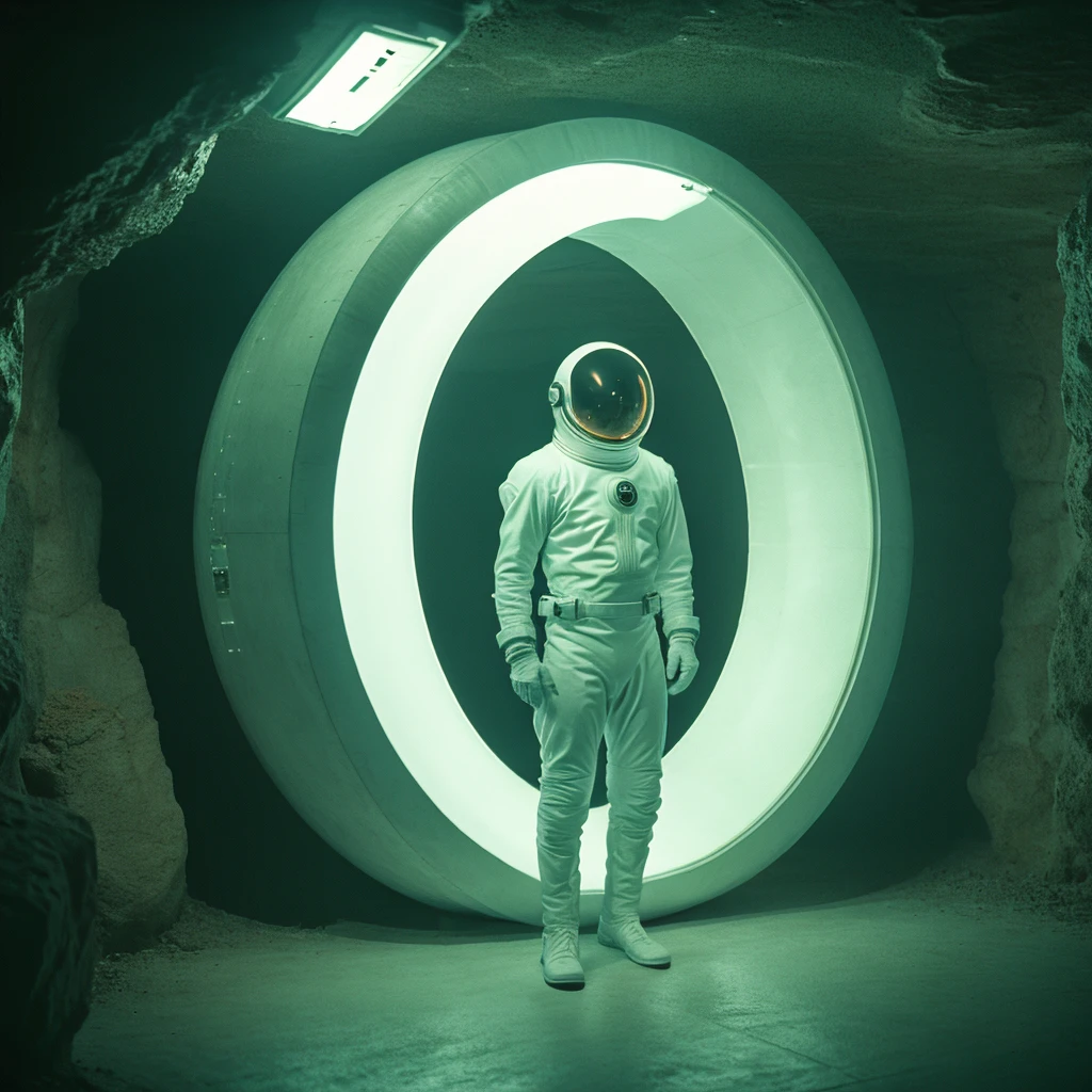 <lora:70sSci-FiMovieSD1:1> ArsMovieStill, movie still from a 1970s technicolor Sci-Fi movie, The image shows a person wearing a full-body suit and a helmet standing inside a large circular tunnel. The tunnel appears to be made of concrete and is located in a cave-like environment with rocks on either side. The person is standing in the center of the tunnel facing towards the right side of the image. The image is taken from a low angle looking up at the person and the tunnel. It is a dark and eerie scene with a hint of light coming from the tunnel's entrance., spacesuit, astronaut, space helmet, 1other, solo, ambiguous gender, standing, moon, helmet, floating