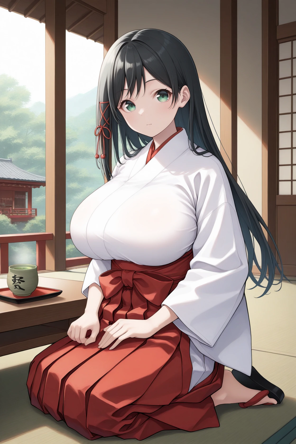 masterpiece, best quality, 1girl, solo,  <lora:amagamiyae-illu-nvwls-v1-000006:1> amagamiyae, black hair, long hair, green eyes, hair ribbon, white kimono, red hakama skirt, wide sleeves, big breasts, seiza, sitting, looking at viewers, japanese architecture, table, green tea, sandals