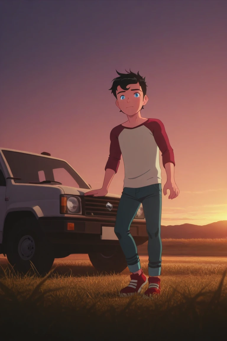 masterpiece, best quality, amazing quality, very aesthetic, absurdres, newest,Anime screencap
jon kent, black hair, blue eyes, raglan sleeves, red shirt, blue pants, red shoes, 1boy, male focus, solo, ground vehicle, outdoors, pants, shoes, grass, short hair, motor vehicle, sunset, shirt, truck