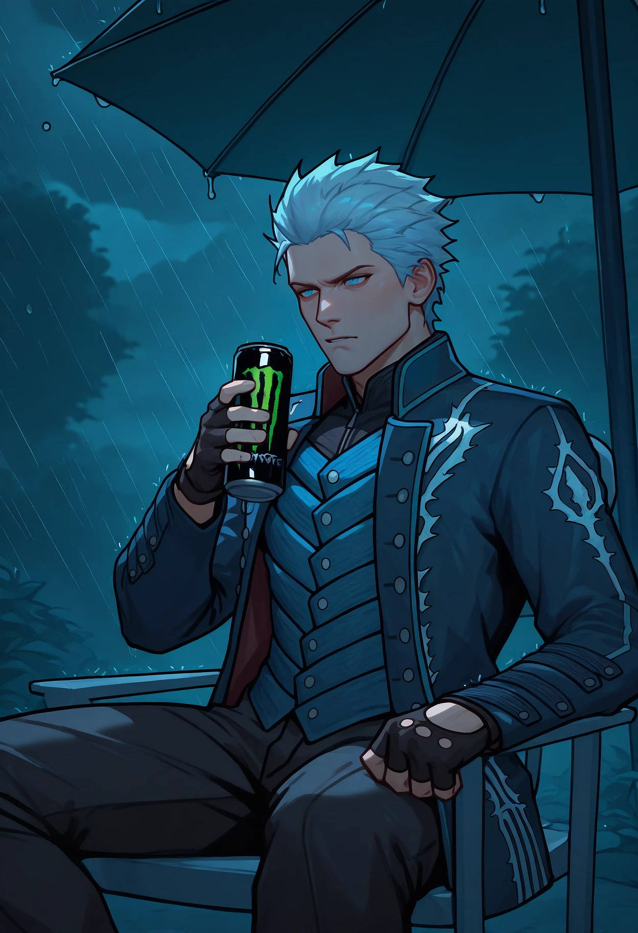 masterpiece, best quality, newest, absurdres, highres, 1boy, vergil \(devil may cry\), monster energy, can, 1boy, holding can, jacket, gloves, sitting, plastic chair, outdoors, storm, rain, dark, motion lines,