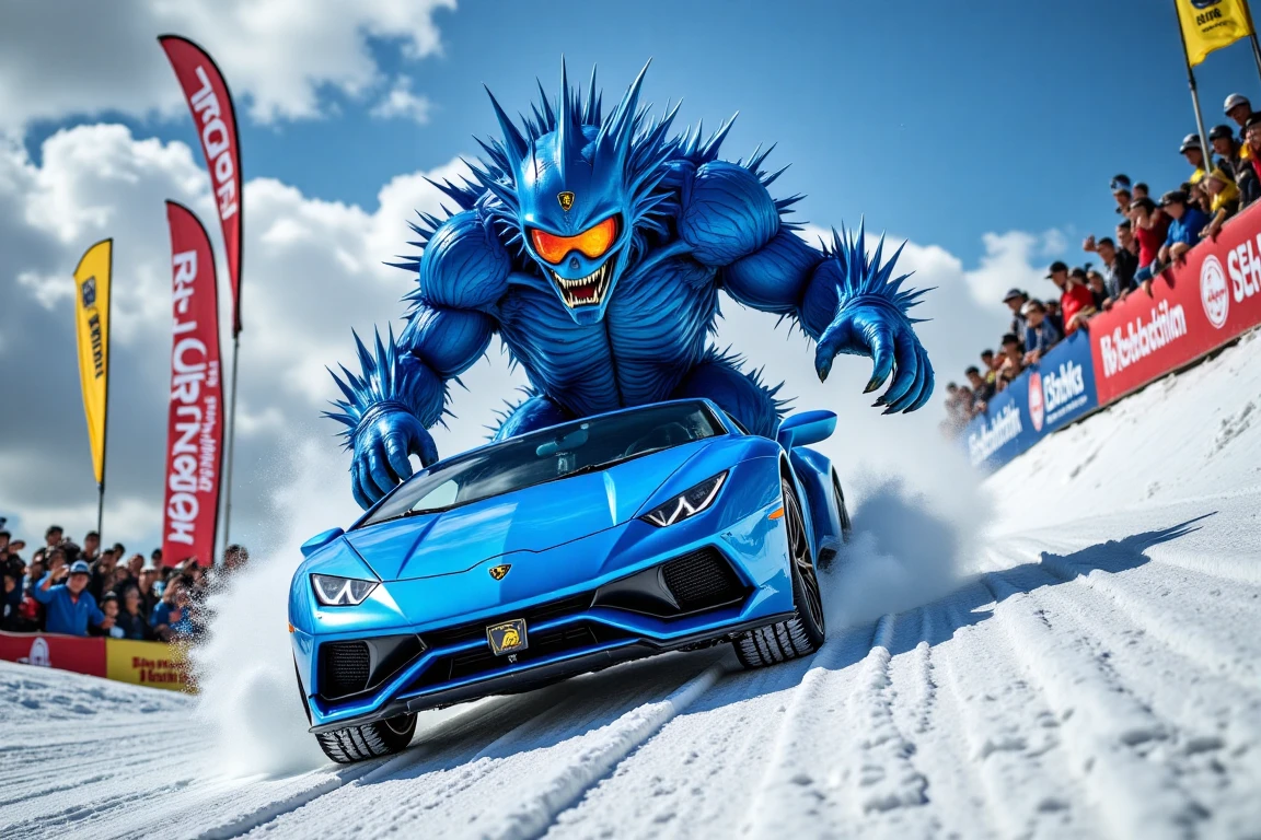 A massive blueton monster performing a freestyle snowboarding trick, using a full-sized Lamborghini car as its snowboard. The car, in its original shape, slides across the snow-covered halfpipe with the monster balancing effortlessly on top. A cheering crowd watches in amazement, vibrant flags and banners fluttering in the wind. The Lamborghini glimmers in blueton hues, complementing the monstrous and powerful presence of the rider.