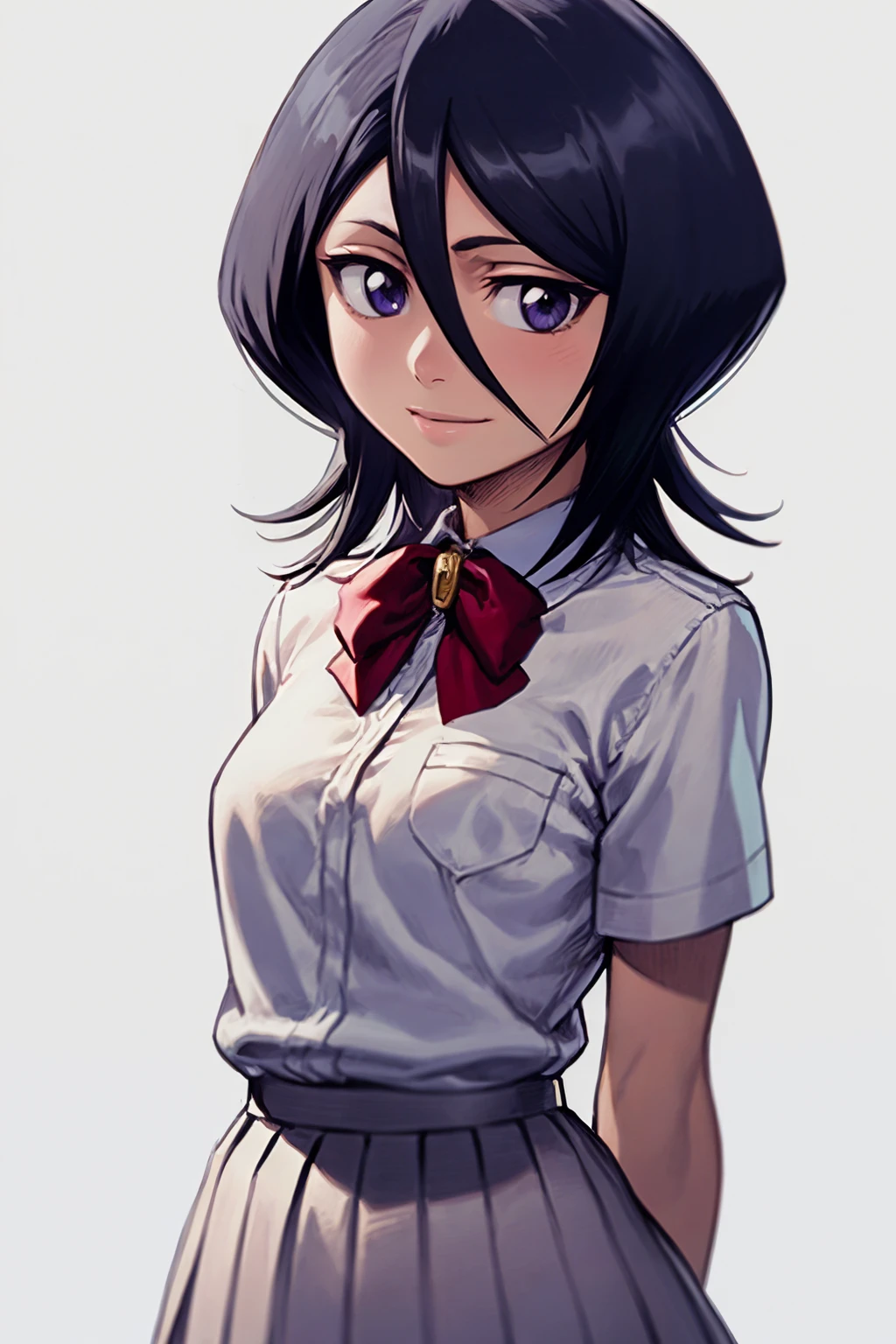 masterpiece, best quality,
1girl, kuchiki rukia, purple eyes, black hair, short hair,
white shirt, school uniform, pleated skirt,
upper body, arms behind back,
smile, looking at viewer, solo, (simple background, white background:1.3),    <lora:RukiaKuchiki_byKonan:1>