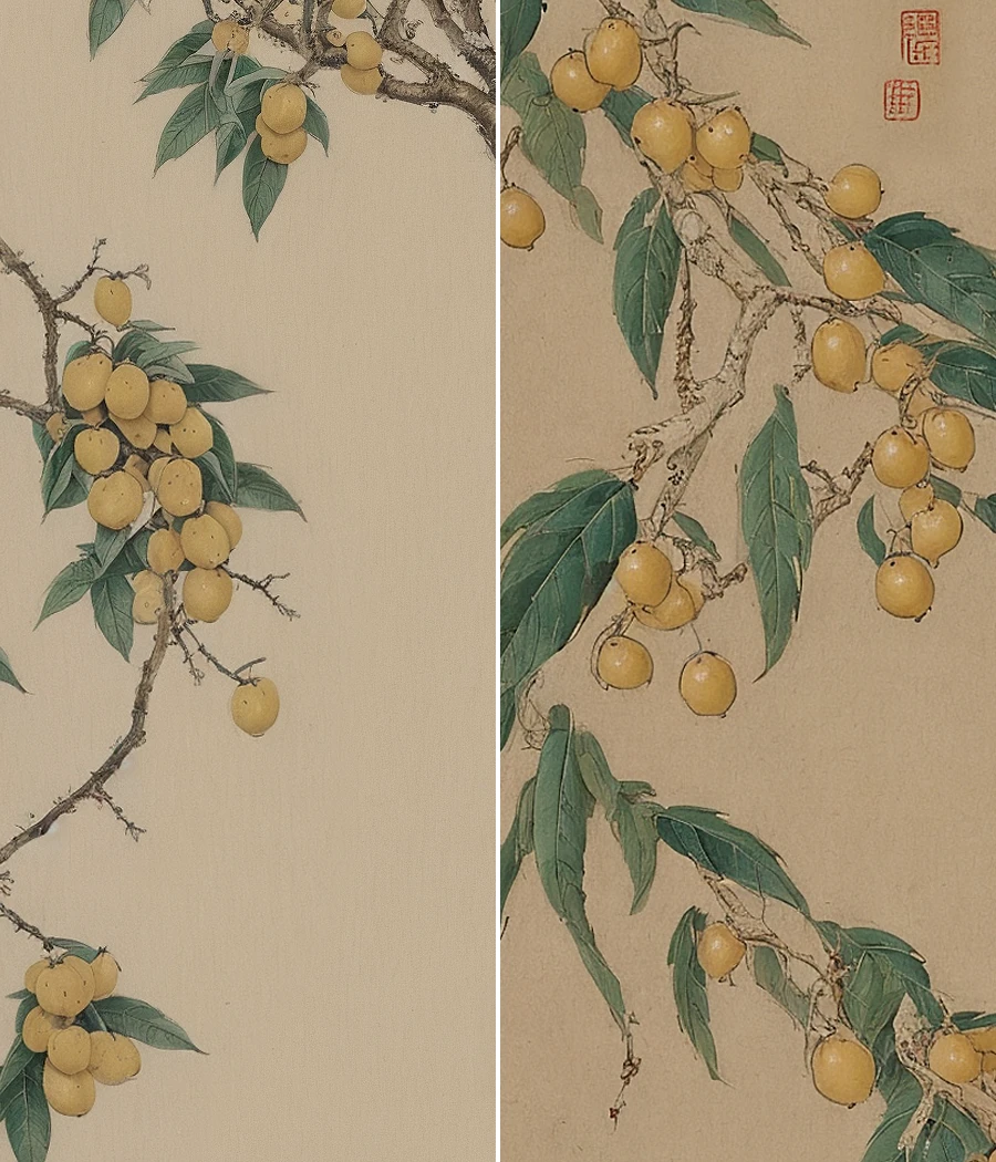 A Song Dynasty painting of a loquat,Clusters of golden little fruit,large leaf,tree branches,close-up view of a fruit,(Close-up of the fruit in the picture:1.3),centered composition,fine-brushwork,gradual coloring in meticulous brushwork,(Minimalist style:1.3),(simple light yellow rice paper background:1.2),(dry and wet brushstrokes:1.1),(Colors are finely layered in meticulous style:1.2),ultra-fine details,Oriental aesthetics,songyun,<lora:songyun-v3:0.7>,