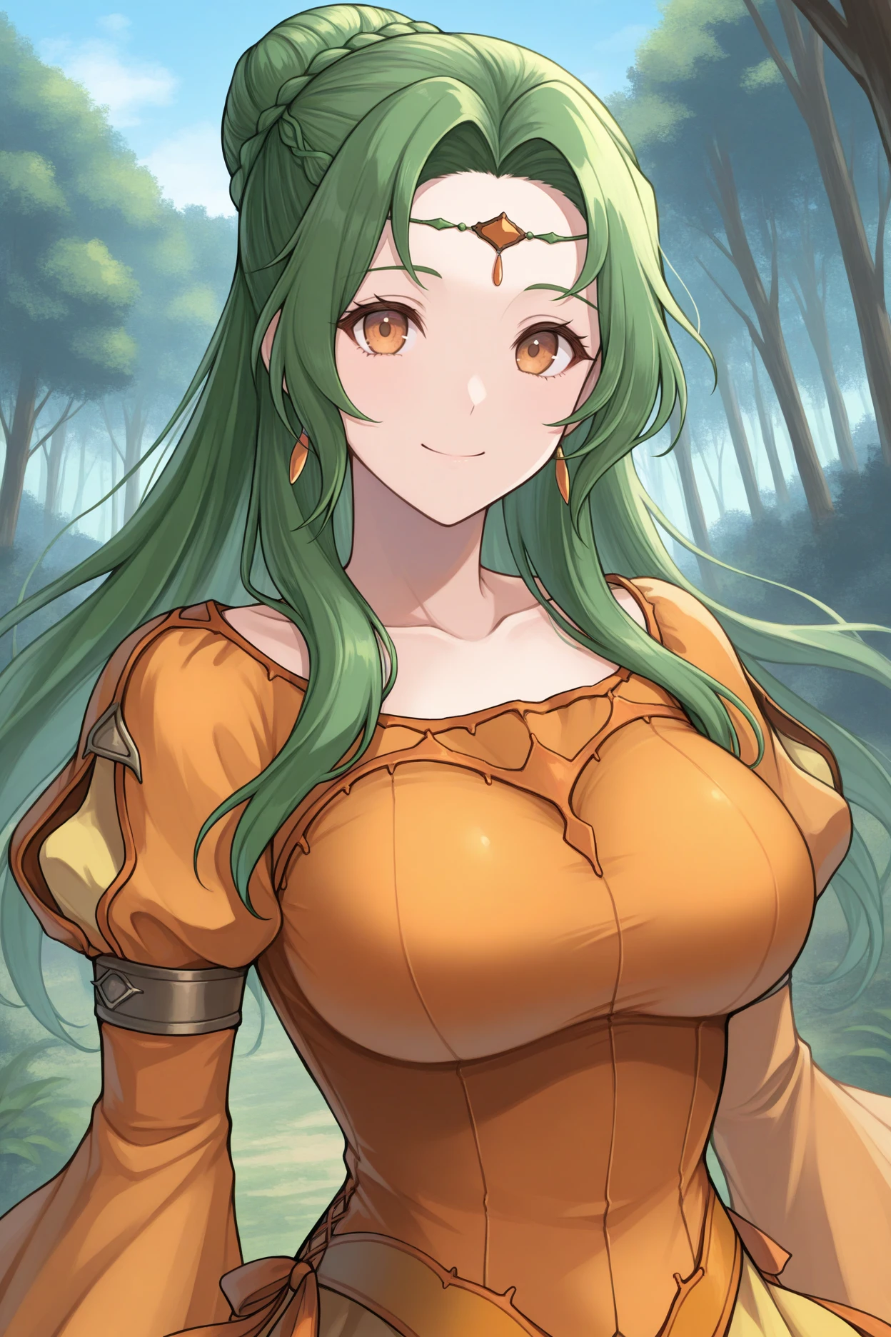 masterpiece, best quality, 1girl, solo, <lora:feelincia-illu-nvwls-v1-000006:1> ogElincia, green hair, hair bun, long hair, braid, brown eyes, earrings, collarbone, orange dress, puffy sleeves, long sleeves, yellow skirt, large breasts, forehead jewelry, upper body, looking at viewer, smile, blue sky, forest