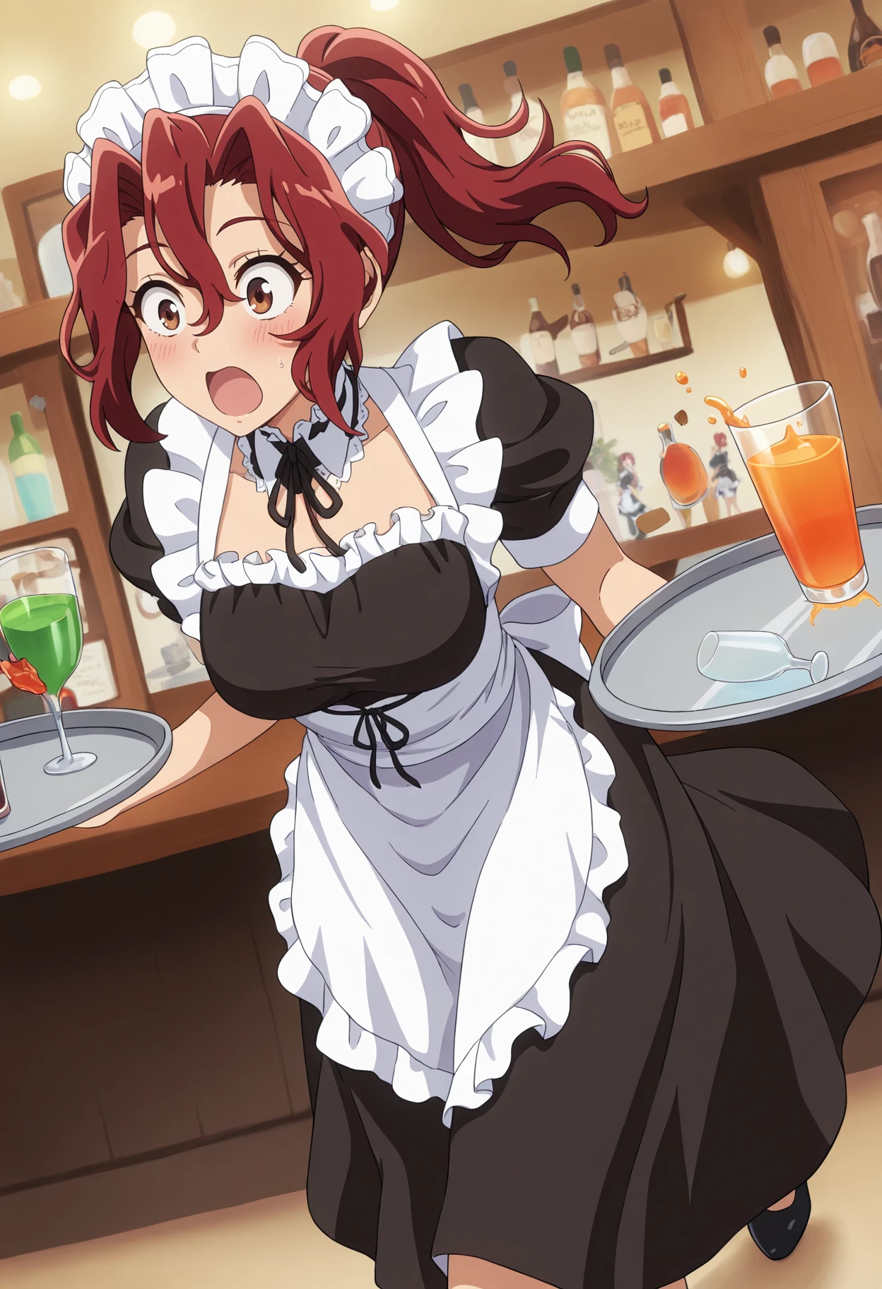 masterpiece, best quality, 1girl, solo,
<lora:Erika_Ono_Kaichou_wa_Maid-sama_IL_V1:1>, KJOerika, red hair, brown eyes, ponytail, hair between eyes, 
maid, maid headdress, maid apron, 
carrying tray of drinks, tripping, spill, falling glass, open mouth, surprised, blush, walking, dutch angle, falling forward,
cafe, 
(Beautiful, medium Breasts:1.2),