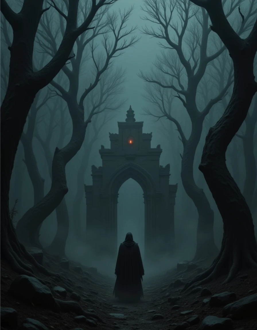 A shadowy forest with twisted trees, faint glowing eyes peering through the fog, and a lone figure cloaked in darkness walking towards an ancient, crumbling altar. <lora:Epic_DarkStyle_fp8:1>