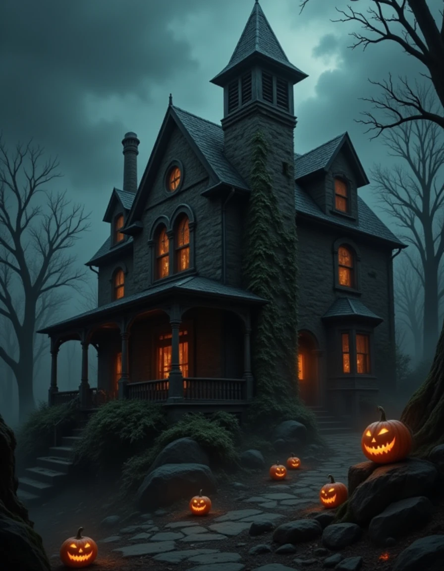 A haunted mansion atop a hill, with vines creeping along its walls, glowing jack-o'-lanterns on the porch, and spectral figures visible through the windows. <lora:Epic_DarkStyle_fp8:1>