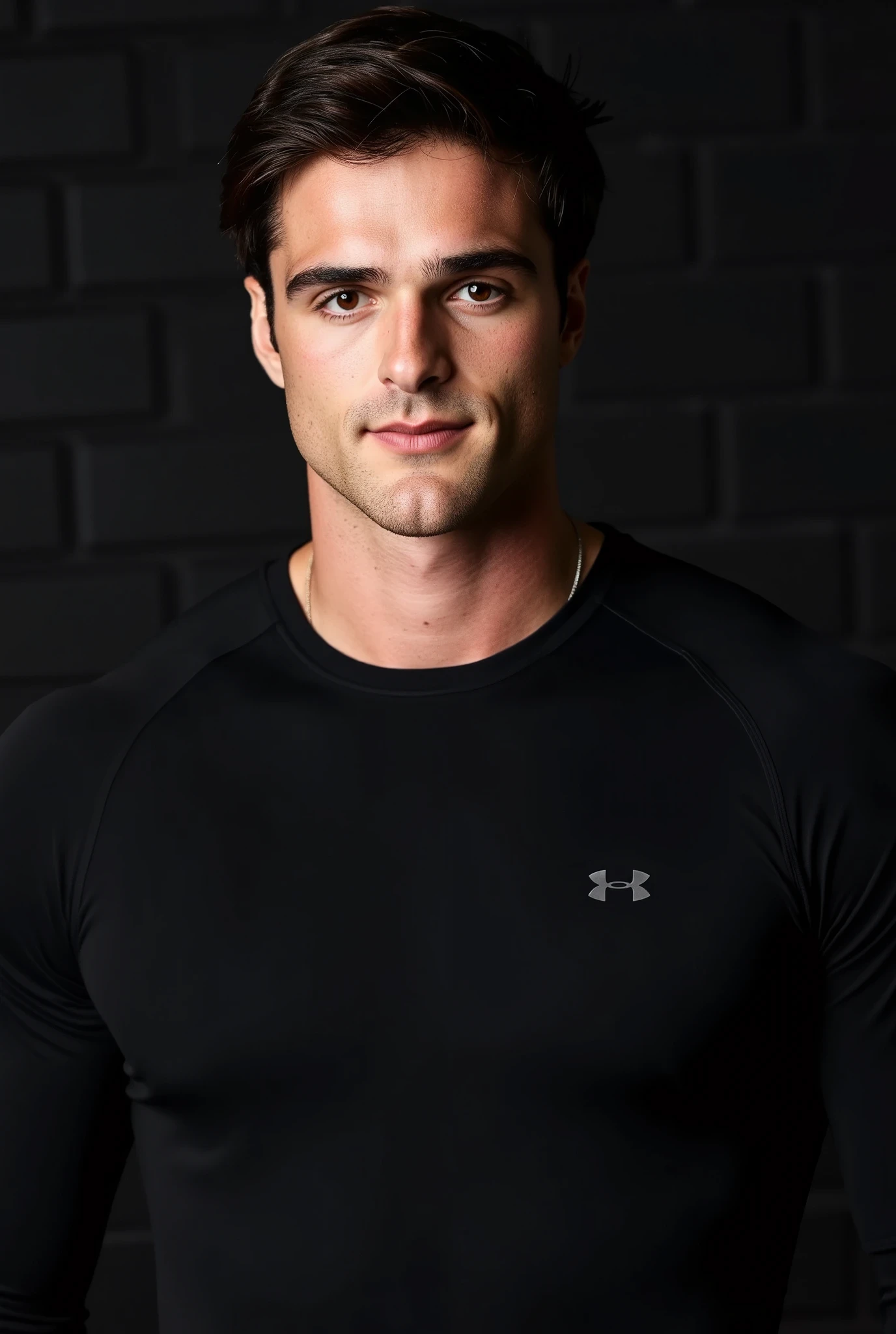 Jacob Elordi. The image is a high-resolution photograph of Jacob Elordi with a clean-shaven face and short, dark brown hair, showcasing a close-up view of his upper body and face. Standing against a dark brick background. He has a light complexion and expressive brown eyes. His facial expression is neutral, with a slight, cocky smile. His facial expression is serious and slightly pensive, with a neutral to slightly stern gaze directed at the camera. He is wearing a black Under Armour compression shirt that is tight against his muscled torso.