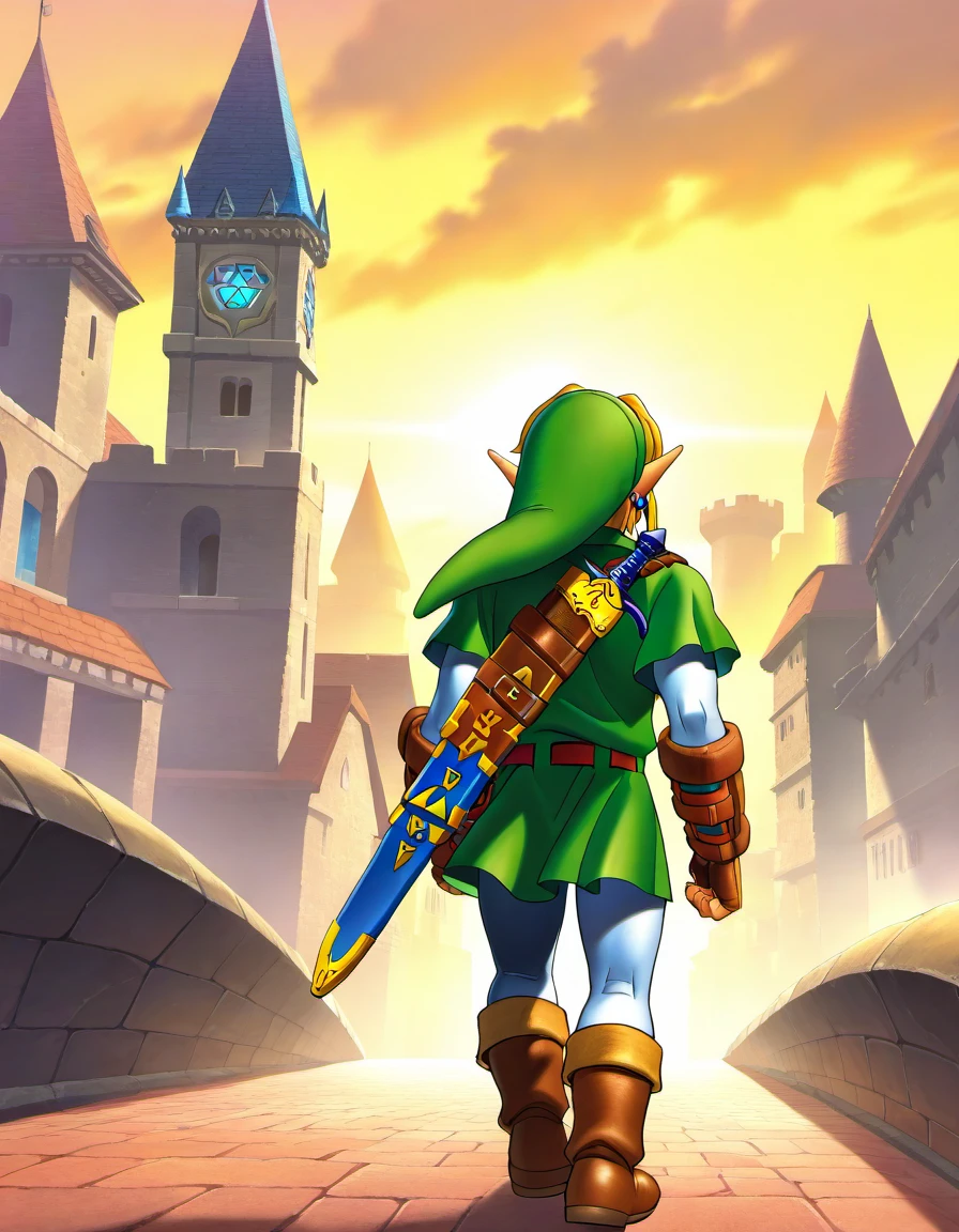 1boy, link, solo, male focus, the legend of zelda: ocarina of time, official art, masterpiece, best quality, absurdres, walking, city, european architecture, <lora:ootalinkil:1>