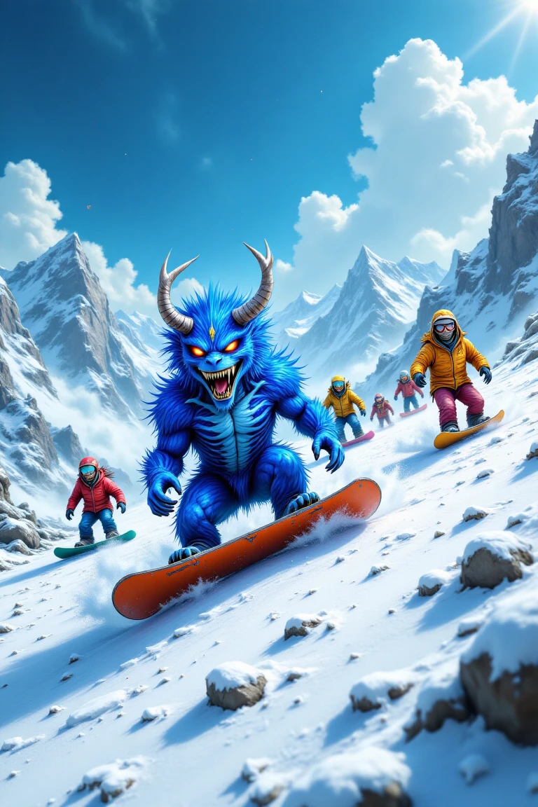 blueton monster, A playful snowboarding scene with a group of friends racing downhill, colorful jackets and gear contrasting against the pristine white snow, under a bright sunny sky.