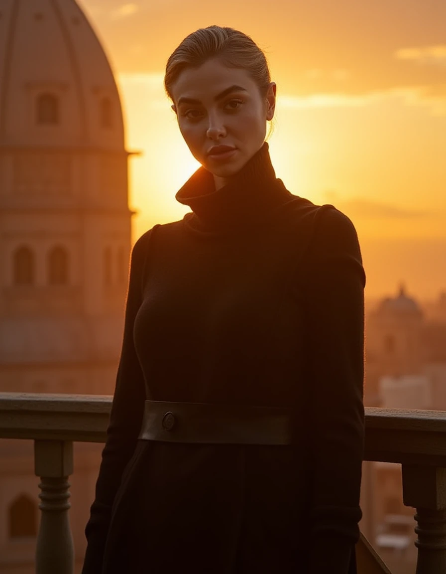 film noir style A regal-looking woman standing on the balcony of a futuristic Star Wars city, dressed in elegant attire reminiscent of Padmé Amidala, gazing directly at the camera with a hint of sadness in her eyes, sunset-colored sky and warm golden lighting casting long shadows behind her. wearing a turtle neck sweater, <lora:valentina_fradegrada_dev_f1:1> . monochrome, high contrast, dramatic shadows, 1940s style, mysterious, cinematic