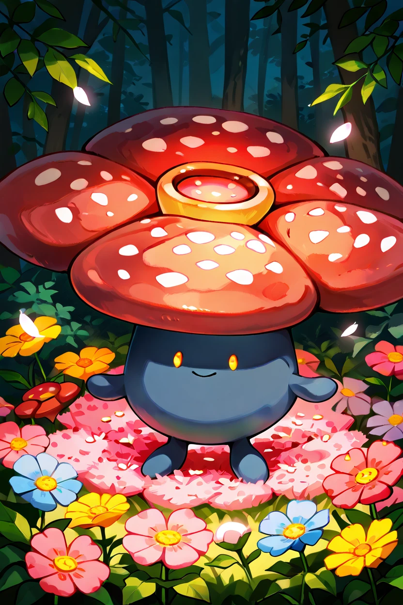 masterpiece, best quality,   Vileplume, solo, no humans, <lora:VileplumePokedexIXL:1.0>,       standing in a field of flowers, blooming meadow, vibrant petals, glowing pollen, soft breeze, gentle sunlight, whimsical, cheerful atmosphere, nature's beauty, peaceful scenery, colorful flowers