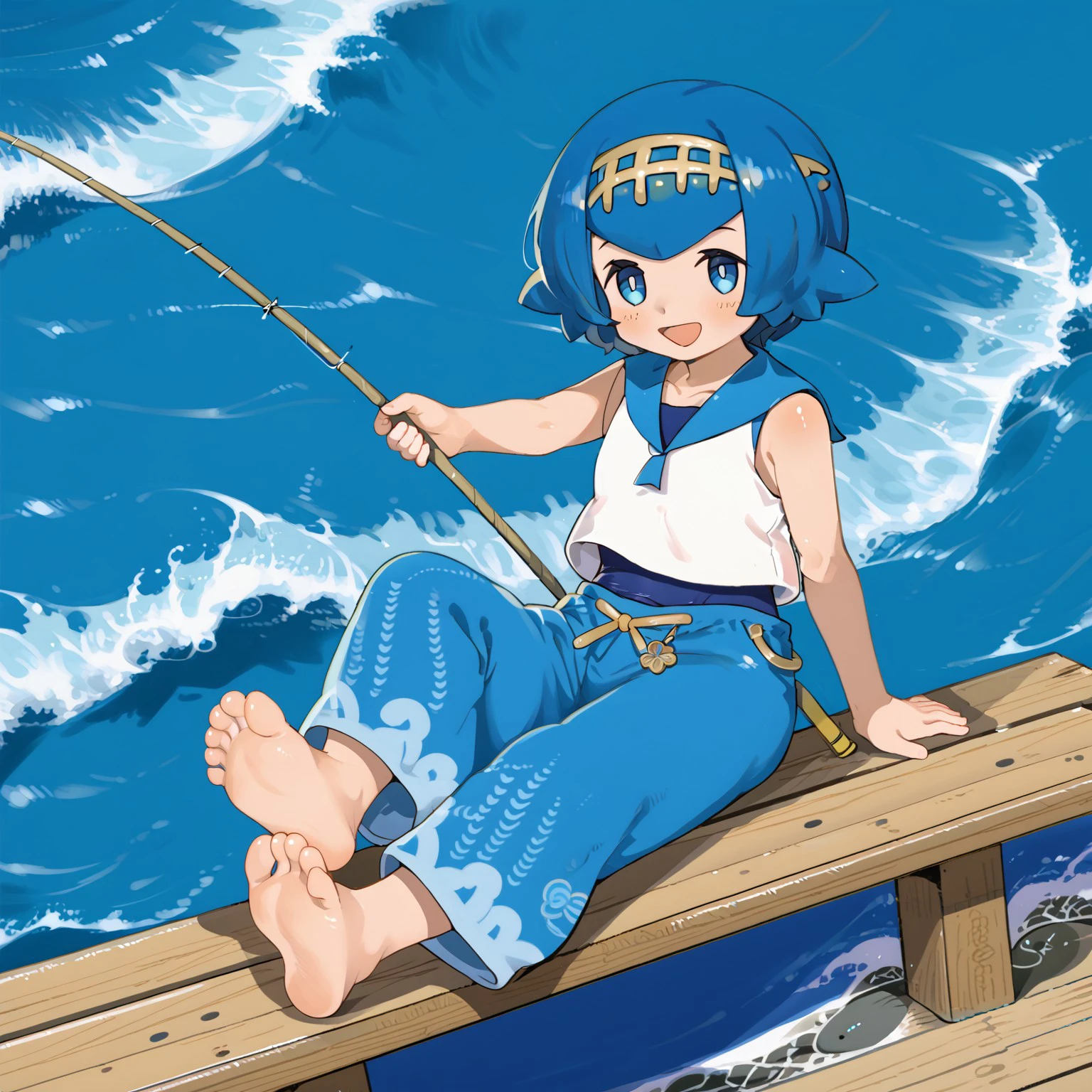 1lana1, solo, blue hair, short hair, blue eyes, 2default2, yellow hairband, swimsuit under clothes, white shirt, sleeveless shirt, sailor collar, blue pants, baggy pants, wave pattern pants, full body, blue swimsuit, barefoot, soles, sitting on wooden pier, ocean, smile, open mouth, holding fishing pole, holding fish