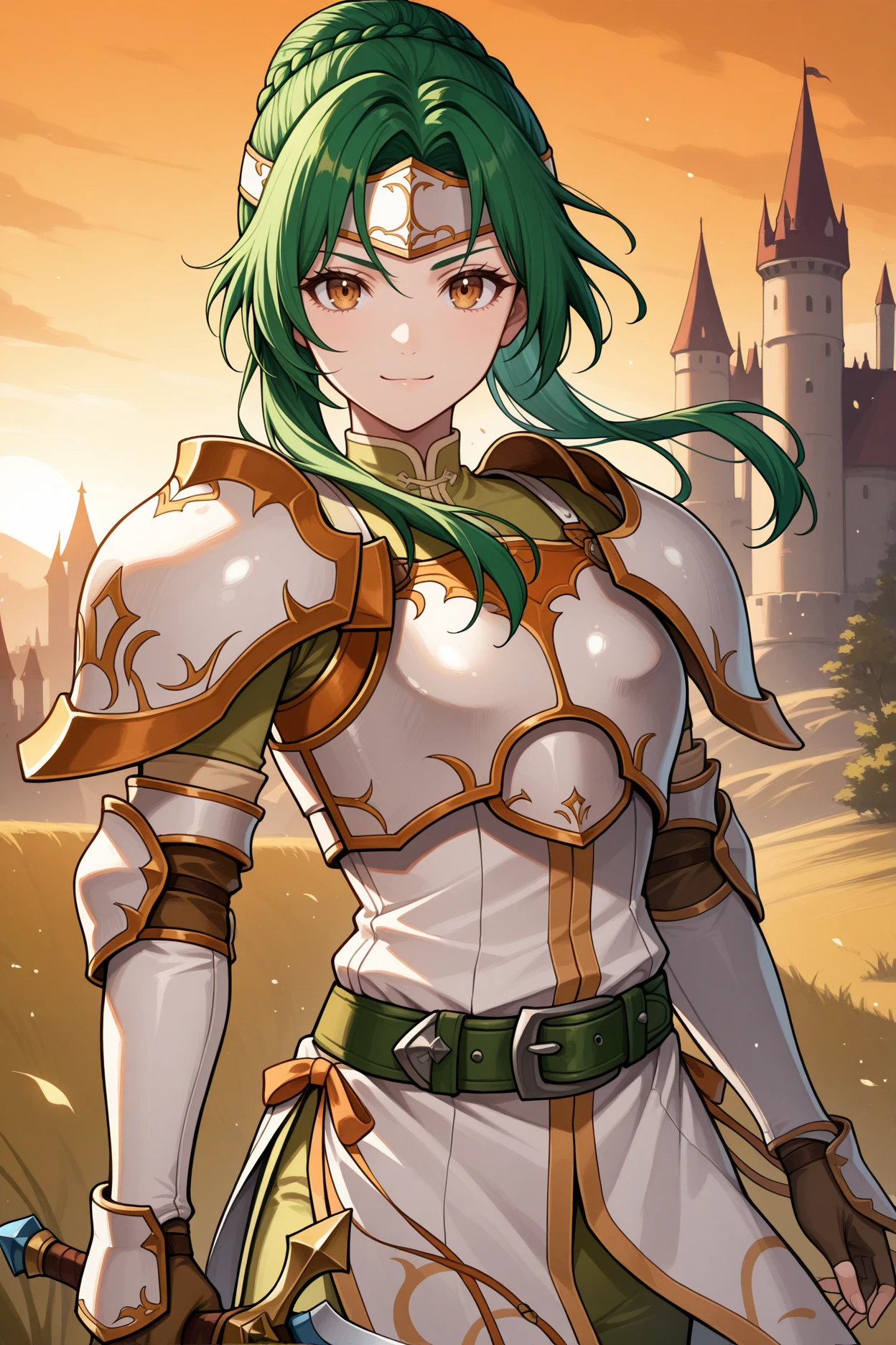 masterpiece, best quality, 1girl, solo, <lora:feelincia-illu-nvwls-v1-000006:1> dfElincia, green hair, hair bun, long hair, braid, brown eyes, white headband, white armor, shoulder armor, breastplate, white tunic, green belt, elbow gloves, fingerless gloves, white boots, serious, looking at viewer, holding sword, brandishing sword, hand up, castle, sunset, upper body, smile