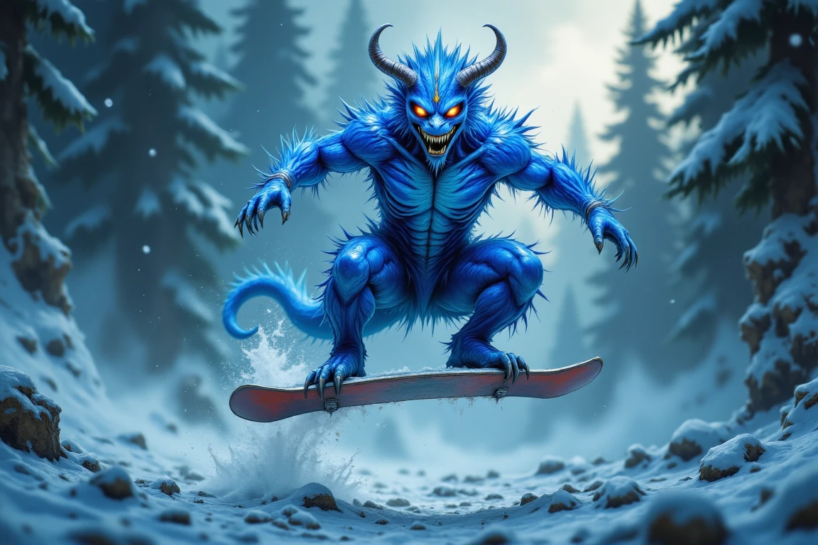 A bluetongue-inspired creature morphs into a majestic snowboarder hovering mid-air, captured in crystalline slow-motion. The subject's pose is one of serene suspension, as if gravity's pull has been momentarily halted. A winter wonderland backdrop glows softly in the distant misty light, accentuating the snowboarder's ethereal silhouette.