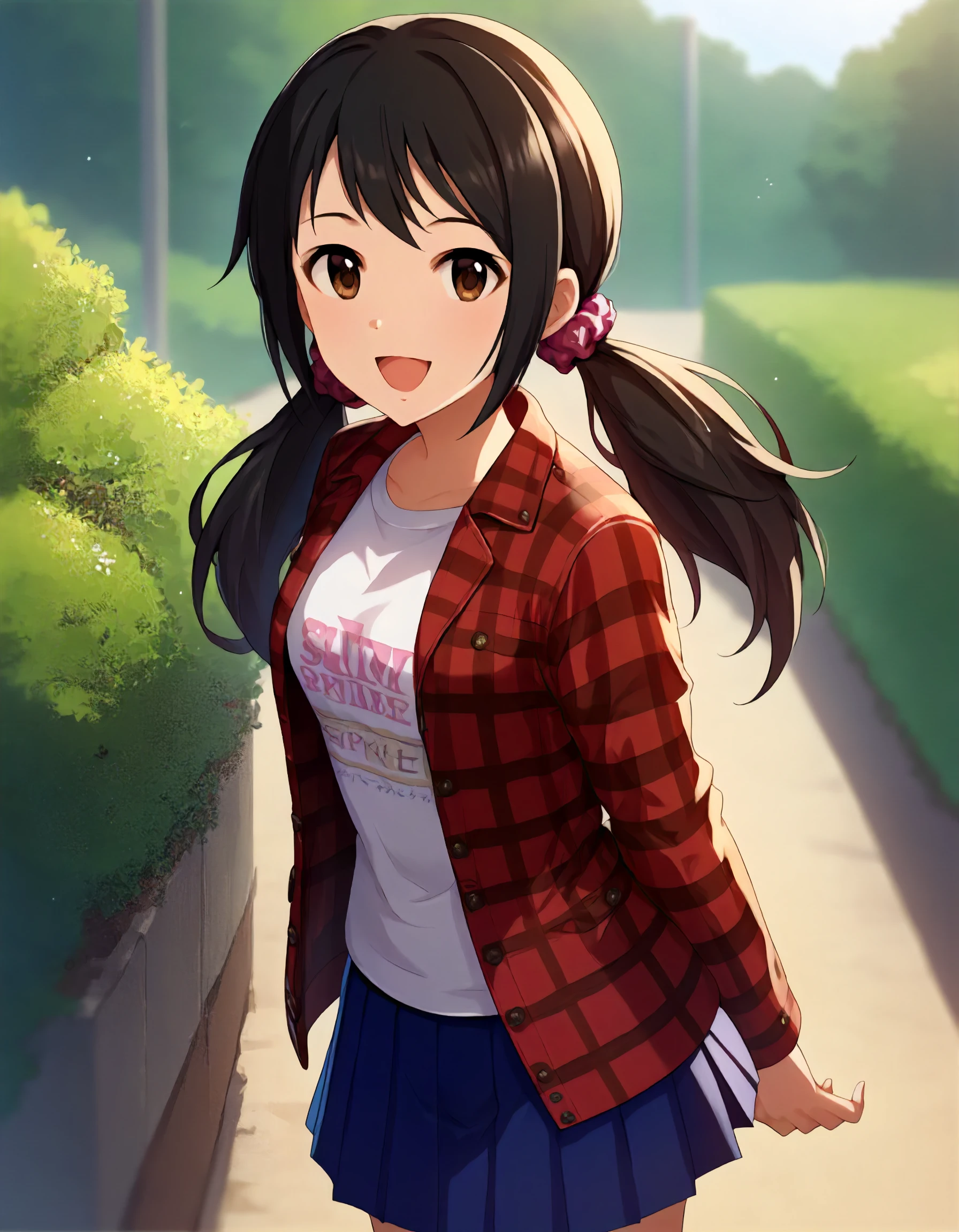 score_9,score_8_up,score_7_up,1girl,solo,cowboy shot,looking at viewer,smile,open mouth,arms at sides,outdoors,
<lora:nakanoyuka_ponyXLV6:0.8>,cgnyk,
black hair,low twintails,brown eyes,
hair scrunchie,white T-shirt,red plaid jacket,blue pleated skirt