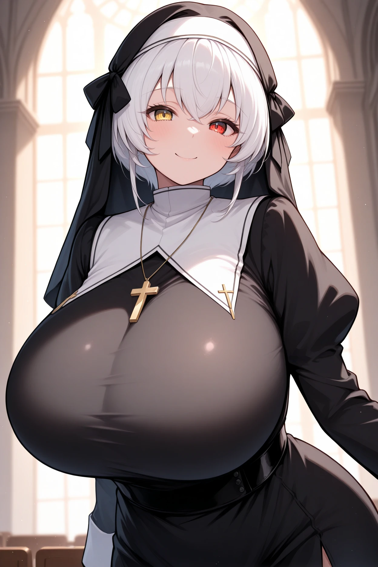 masterpiece, best quality, 1girl, solo,  <lora:aliciarenato-illu-nvwls-v1-000005:1>arenato, white hair, heterochromia, hair ribbon, nun habit, veil, black dress, huge breasts, cross pendant, smile, looking at viewer, church