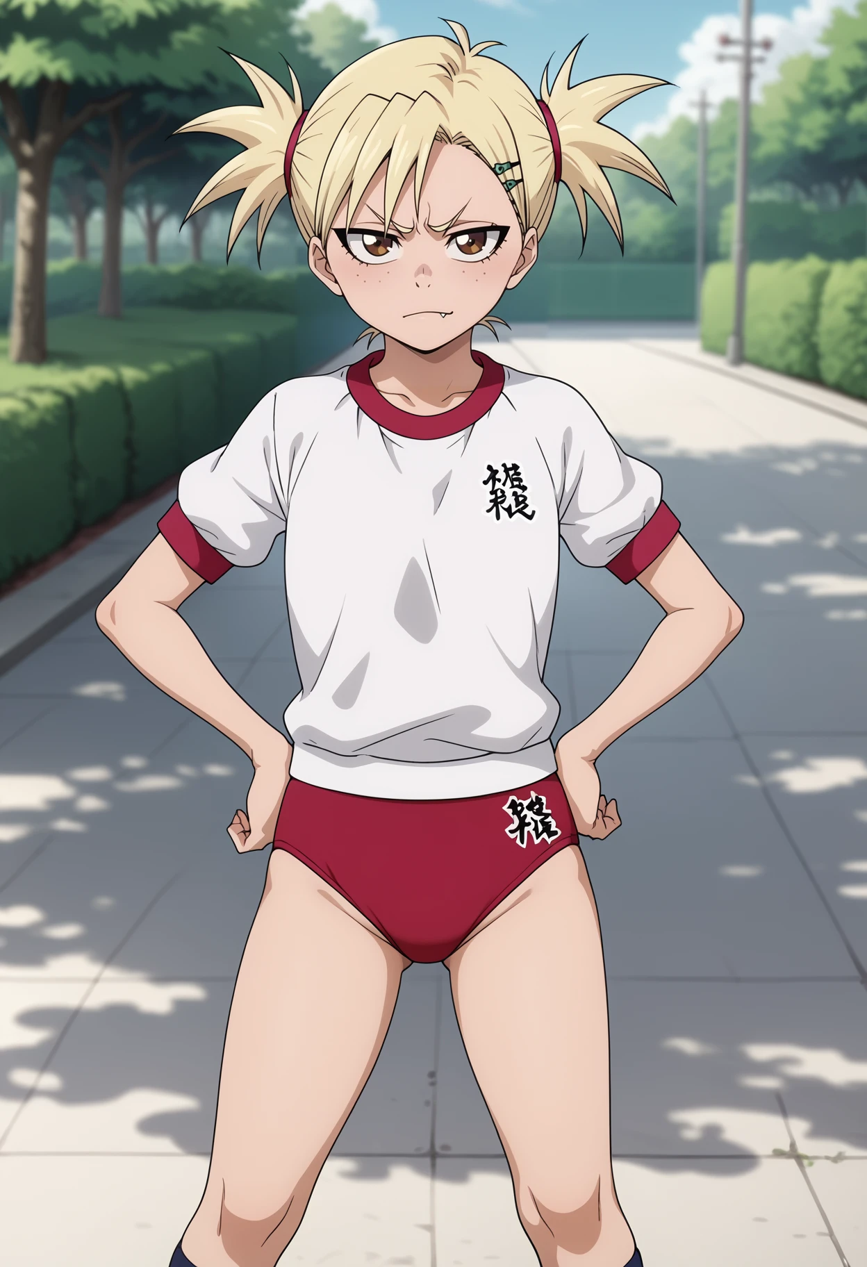 score_9, score_8_up, score_7_up, anime screencap, BREAK
1girl, sarugaki hiyori, blonde hair, short twintails, brown eyes, freckles, hairclip,
frown, fang,
gym uniform, white shirt, red buruma, no socks, red sneakers,
hands on hips, smile, standing, solo, looking at viewer, outdoors, park background,   <lora:HiyoriSarugakiPDXL_byKonan:1>