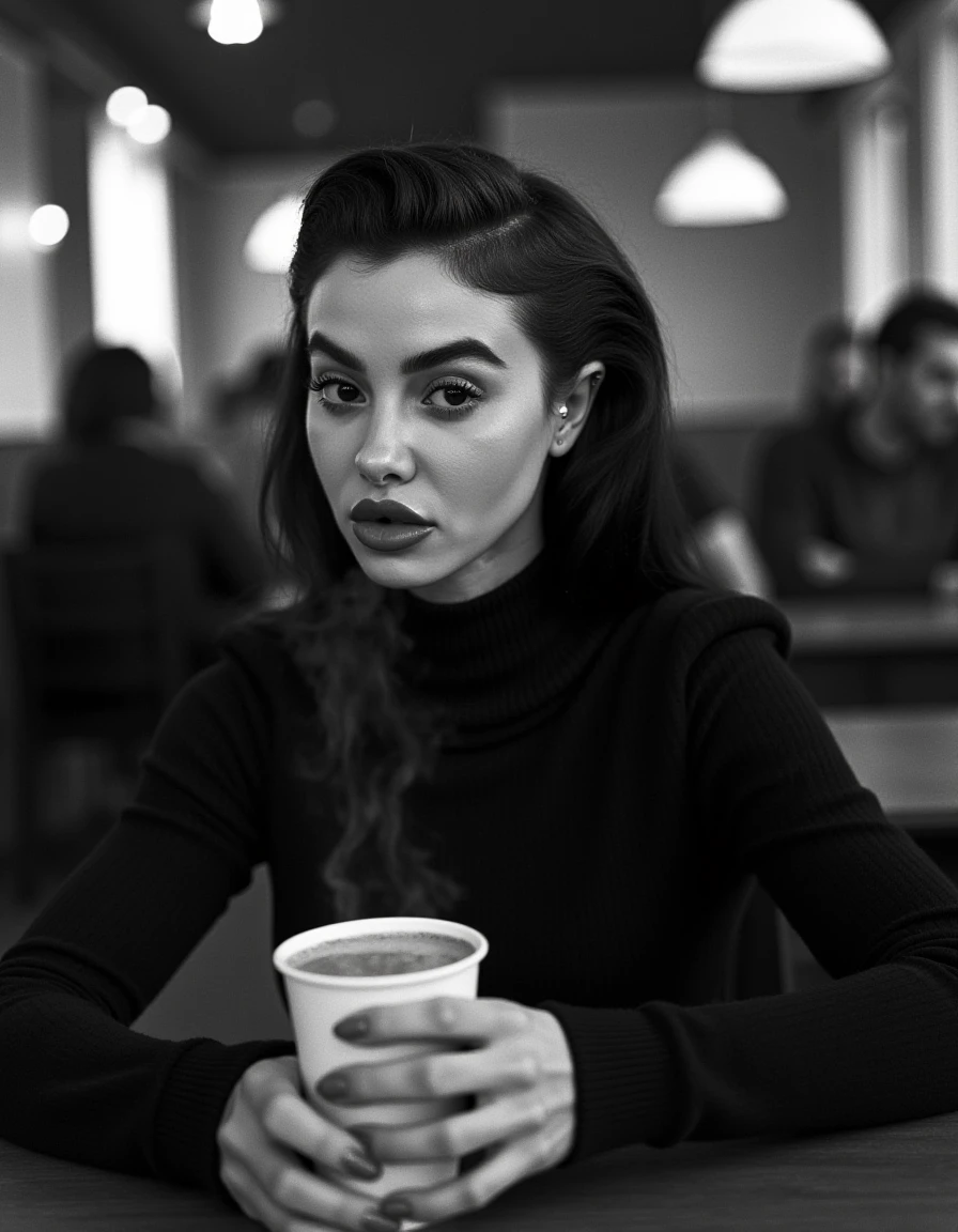 film noir style Close-up photo of a beautiful woman's hands cradling a glass on a coffee shop table, looking up at the camera with a hint of mischief, steam rising from the surface of her drink, blurred background of coffee shop patrons, vibrant colors, realistic, detailed. wearing a turtle neck sweater, <lora:valentina_fradegrada_dev_f1:1> . monochrome, high contrast, dramatic shadows, 1940s style, mysterious, cinematic