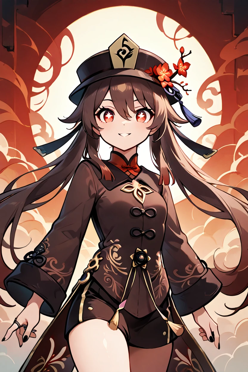 masterpiece, best quality, 1girl, solo, 21 year old model, eyelashes, (beautiful eyes),     zzHuTao, red eyes, hair between eyes, brown hair, long hair, twintails, flower-shaped pupils, long sleeves, black headwear, hat flower, jewelry, chinese clothes, black nails, ring,  ,<lora:HuTaoGenshinIXL:1.0>, BREAK,,,   smile, looking at viewer, cowboy shot, abstract background, dynamic pose, wind, <lora:SmoothAnimeIXL:0.8>, <lora:princess_xl_v2:0.3>,