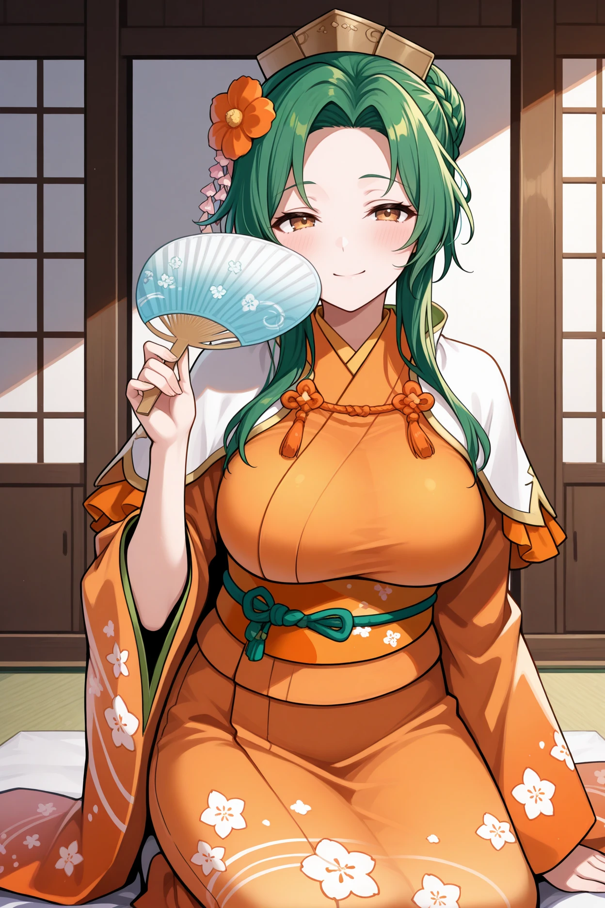 masterpiece, best quality, 1girl, solo, <lora:feelincia-illu-nvwls-v1-000006:1> hsElincia, green hair, hair bun, long hair, braid, brown eyes, hair flower, hat, white capelet, orange kimono, sash, wide sleeves, floral print, big breasts, kneeling, holding paper fan, looking at viewer, japanese architecture, smile, half-closed eyes, blush, hand up