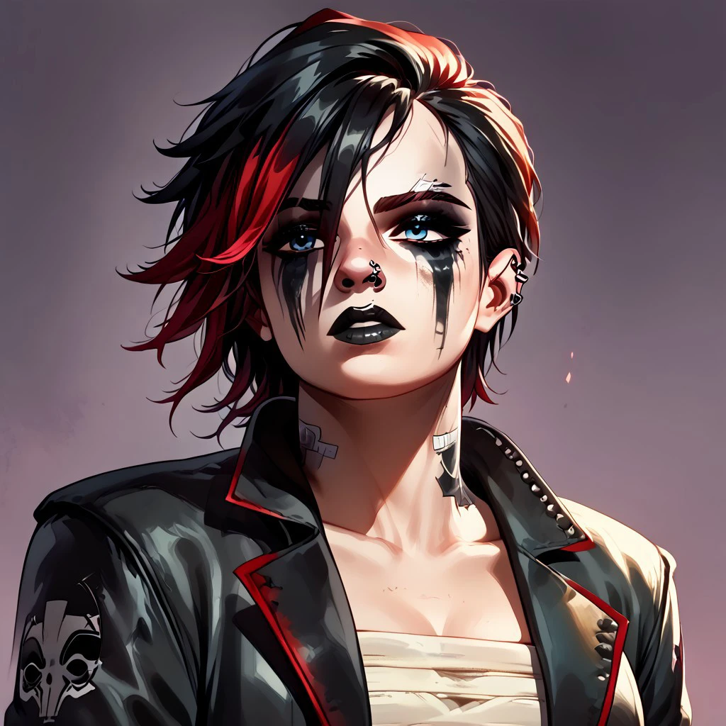 female focus, solo focus, solo, score_9, score_8_up, score_7_up, <lora:VIS2OutfitsV1.5:1> 1girl, GothVIv1, GothVifullmakeup, makeup, heavy makeup, facepaint, sarashi, piercing, short hair, bandages, jacket, black lips, blue eyes, detaield eyes, black hair, multicolored hair, red hair,