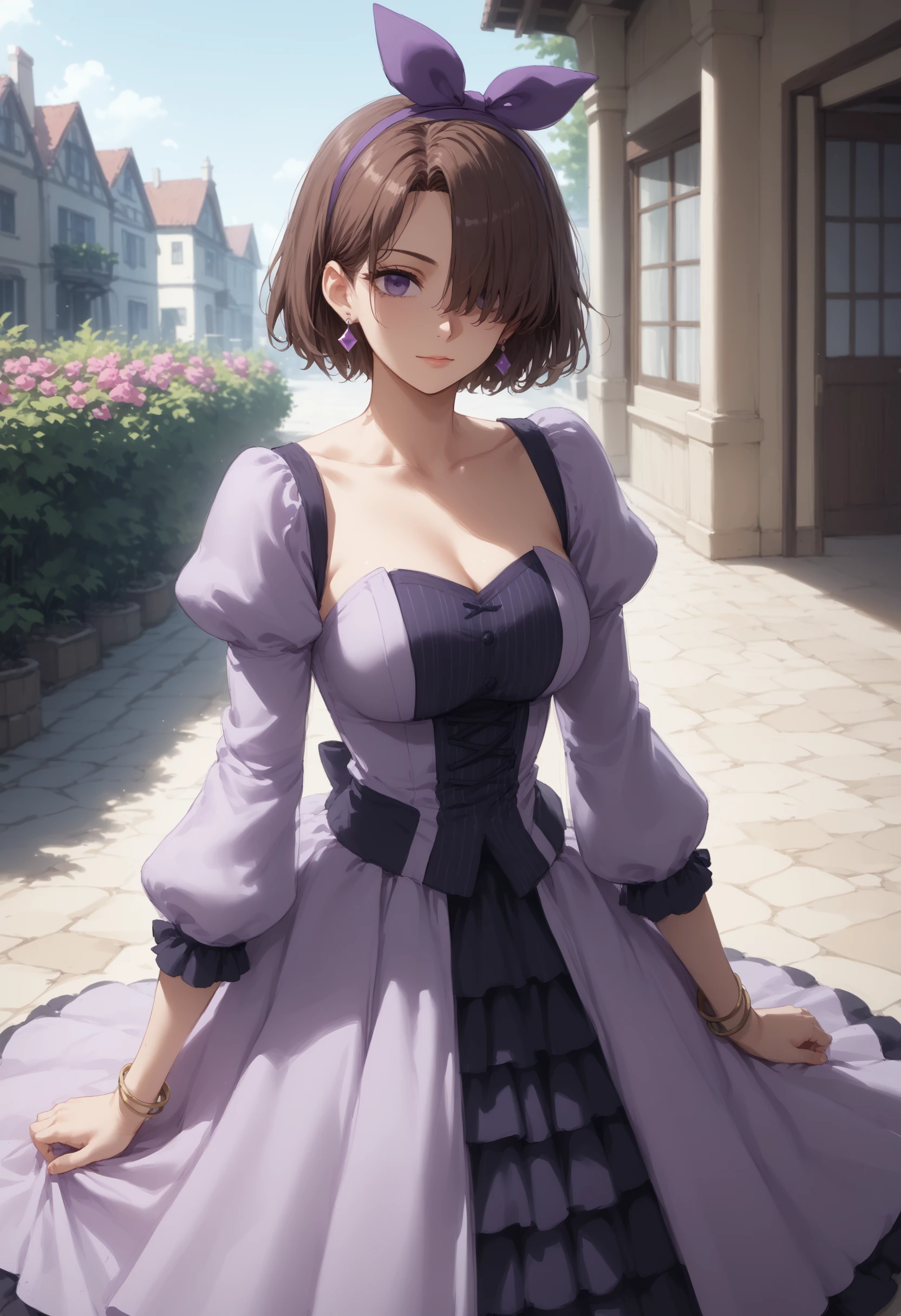 score_9, score_8_up, score_7_up, high res image, 20yo, mature woman, masterpiece, 1girl, solo, bright colors, anime style,<lora:KaifukuMeido:0.9>, KaifukuMeido, Meido, brown hair, short hair, purple eyes, puffy sleeves, long sleeves, detached sleeved, <lora:SteelLadyNanaseDress:1> earrings, hair bow, (two colored dress), dress with white accents, long dress, gloves, bracelet, collarbone, detached sleeves,hair over one eye,