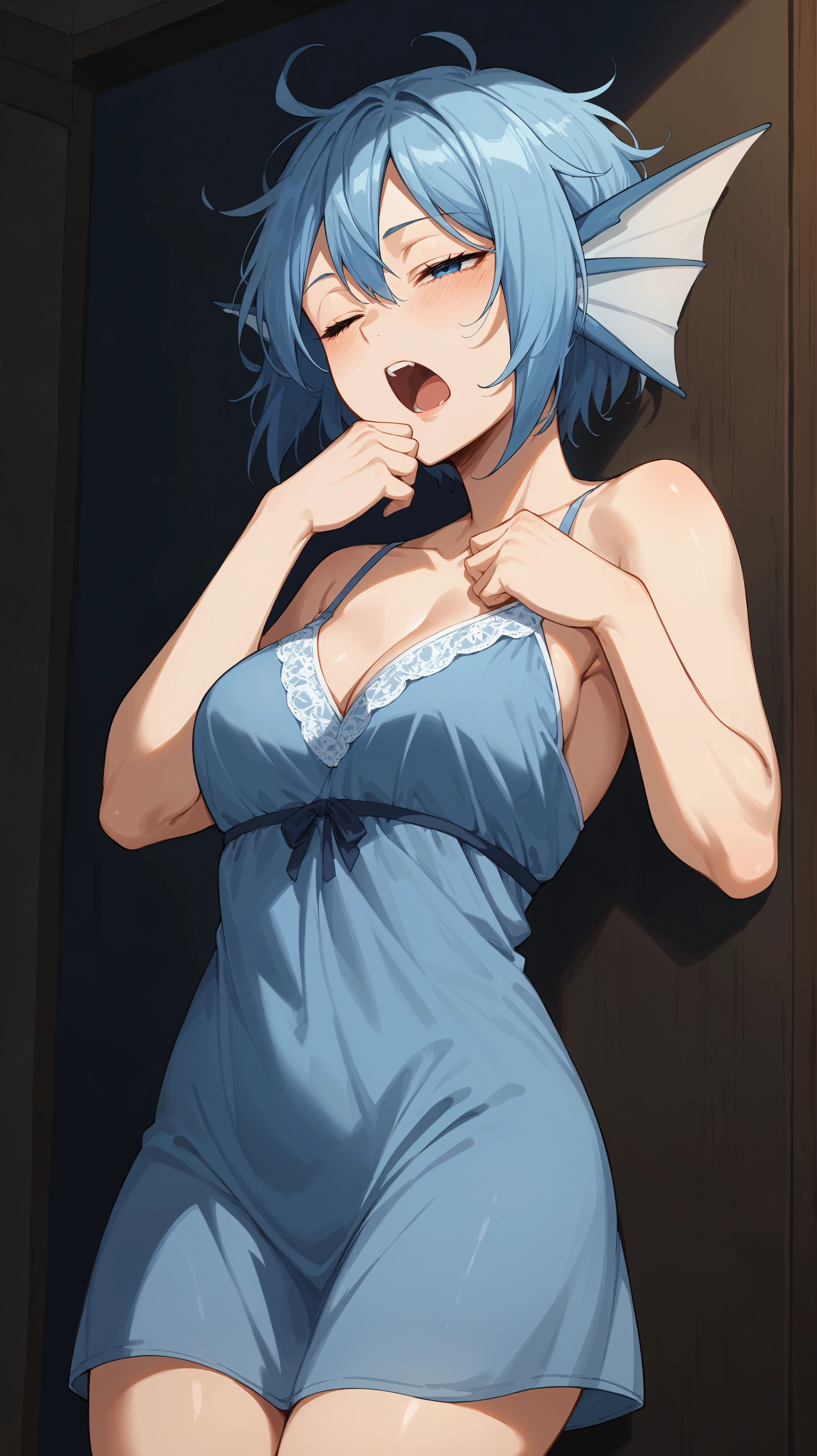 1girl in, 独奏,high-level image quality , light blue short hair,sky-blue eyes,a serene smile,tits out, large full breasts,lie down on bedclothes,