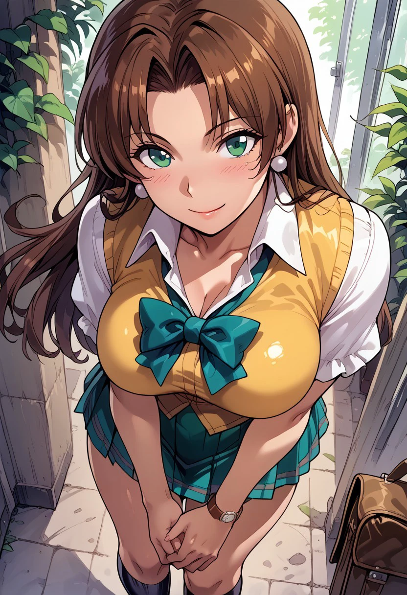 score_9, score_8_up, score_7_up, source_anime,mogudan,1girl,alone,smile,shiny_clothes,shiny_skin,five fingers,1 girl,large breast,Kisarahwestfield,long hair, brown hair, green eyes,parted bangs,from above,looking at vietwer,angle up, ,jewelry,pearl shaped earrings, school bag,school uniform, short puffed sleeves, white shirt, yellow vest, green bow on the chest, green skirt, pleated skirt, wristwatch,looking at vietwer,hand holding school bag,bare chest neckline,black socks,medium socks,shoes,