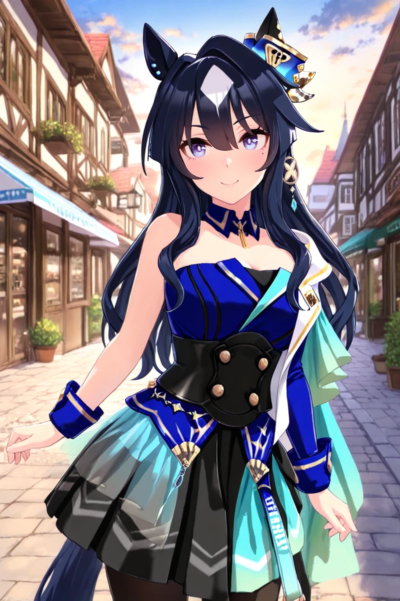 masterpiece, best quality, 
verxina \(umamusume\), 1girl, horse ears, big smile,black pantyhose, horse tail, peplum dress, black flared skirt, detached collar, hair ornament, mole under eye, earrings, one shoulder jacket, wrist cuffs, blue sleeve, single sleeve, single bare shoulder, black corset, green pelisse,cowboy shot, 
town, fashionable street, cute store, sky, cloud, horizon,
 <lora:ILL_verxina_ver1.0:0.85>