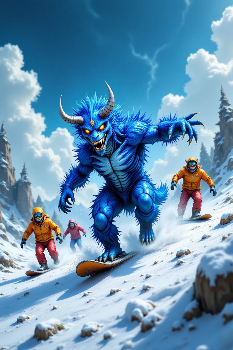 blueton monster, A playful snowboarding scene with a group of friends racing downhill, colorful jackets and gear contrasting against the pristine white snow, under a bright sunny sky.