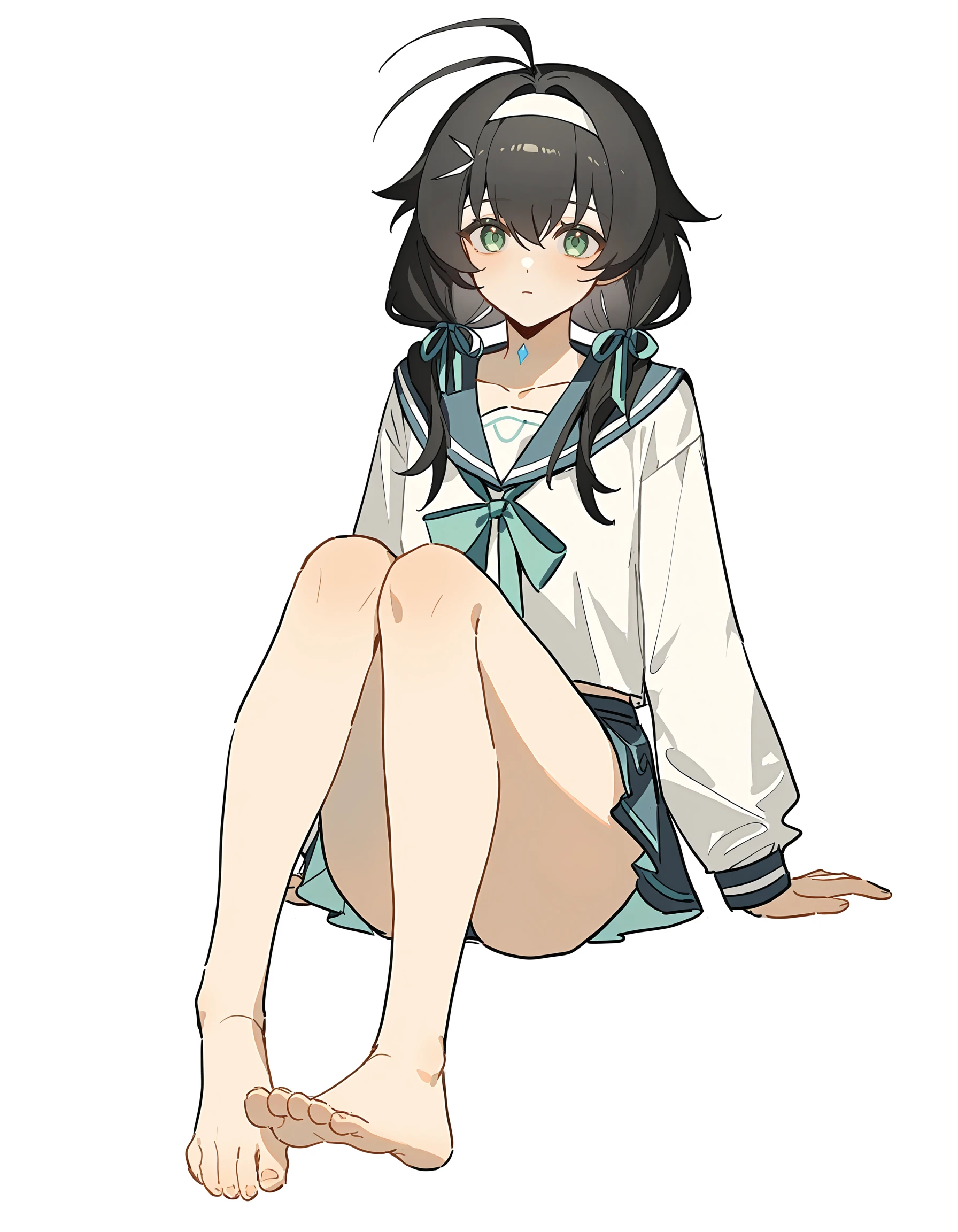 zhibuji loom,white background,simple background,looking at viewer,sitting,thighs,full body,sailor,sailor skirt,sailor collar,serafuku,
<lora:faniya_noob2:0.75>,faniya,1girl,solo,2dfaniya,green eyes,black hair,hairband,twintails,ribbon,hair ribbon,bangs,antenna hair,ahoge,collarbone,low twintails,long hair,
masterpiece,best quality,very aesthetic,absurdres,