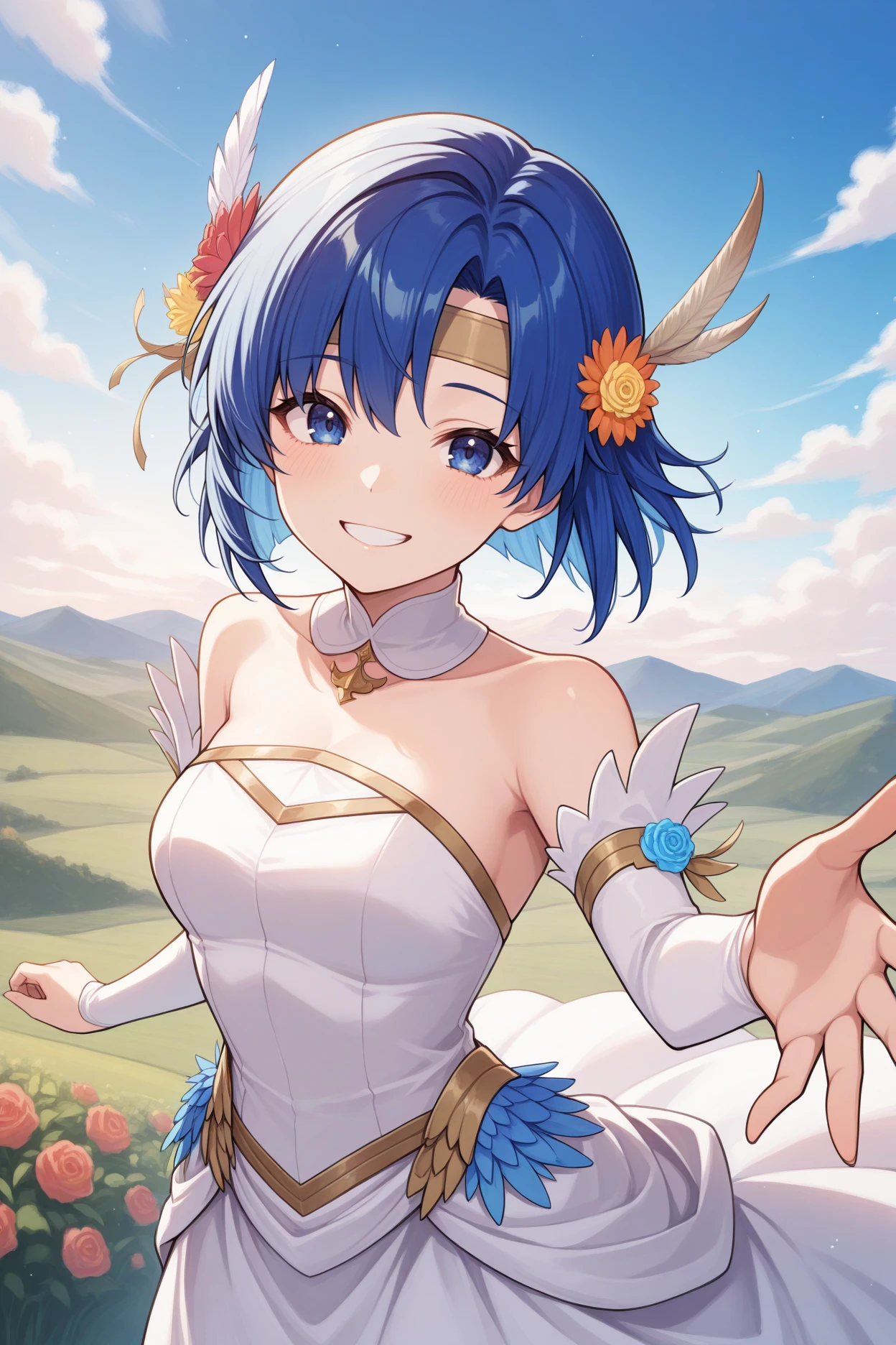 masterpiece, best quality, 1girl, solo,  <lora:fecatria-illu-nvwls-v1-000005:1> brdCt, blue hair, medium hair, blue eyes, hair flower, red flower, feather hair ornament, white headband, detached collar, wedding dress, detached sleeves, strapless, hills, blue sky, outstretched hand, reaching out, looking at viewer, smile, blush, grin