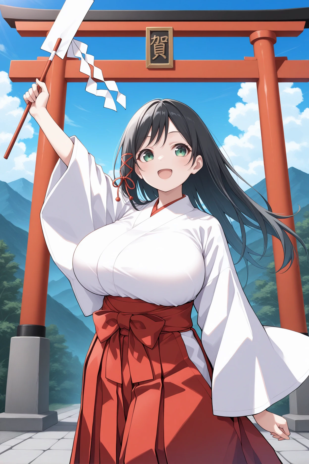 masterpiece, best quality, 1girl, solo, <lora:amagamiyae-illu-nvwls-v1-000006:1> amagamiyae, black hair, long hair, green eyes, hair ribbon, white kimono, red hakama skirt, wide sleeves, big breasts, happy, arm up, holding gohei, torii, blue sky, clouds, mountains