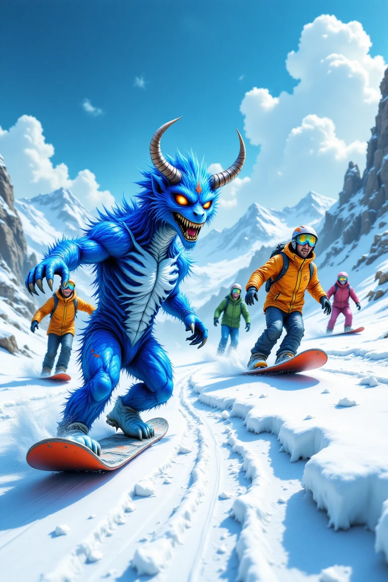 blueton monster, A playful snowboarding scene with a group of friends racing downhill, colorful jackets and gear contrasting against the pristine white snow, under a bright sunny sky.