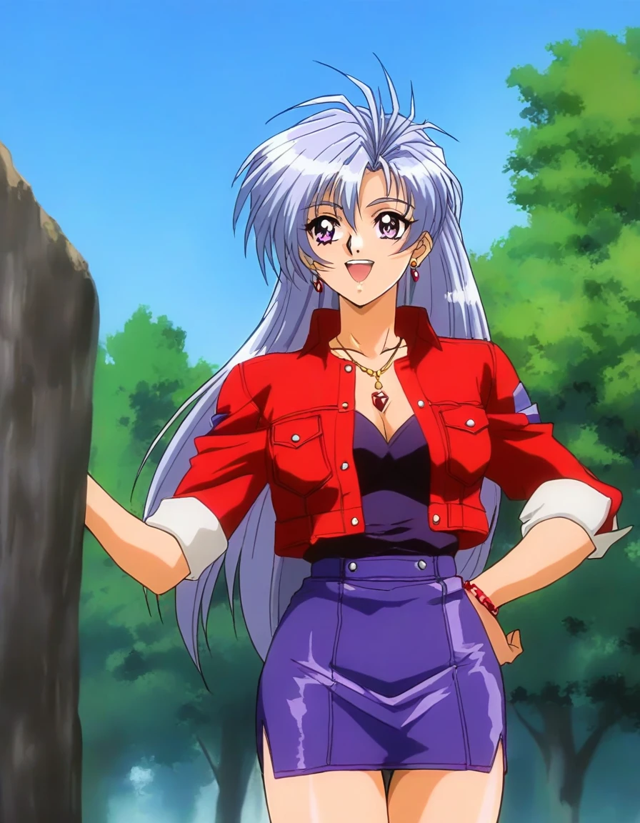 masterpiece, best quality, good quality, <lora:Serizawa_Mio_OVA_IS:1>Serizawa_Mio_OVA, 1girl, long hair, grey hair, jewelry, earrings,  large breasts, purple hair, purple eyes, cropped jacket, pencil skirt,  1990s (style),
smile, happy, cowboy_Shot, 
outdoor, tree, blue sky,