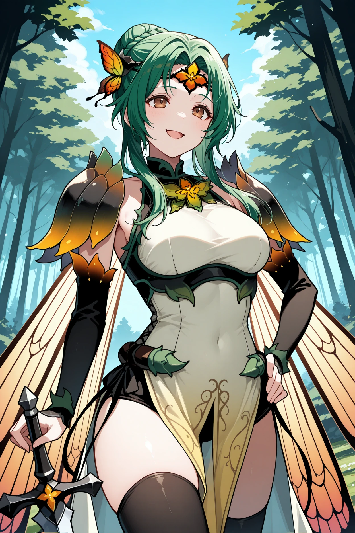 masterpiece, best quality, 1girl, solo, <lora:feelincia-illu-nvwls-v1-000006:1> rsElincia, green hair, hair bun, long hair, braid, brown eyes, black circlet, insect wings, shoulder pads, sleeveless dress, detached sleeves, black sleeves, pelvic curtain, black thighhighs, holding sword, happy, open mouth, smirk, planted sword, hand on hip, forest, blue sky