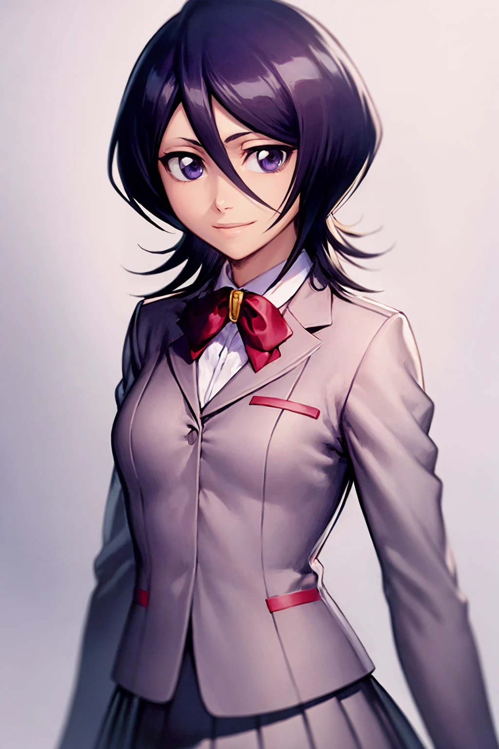 masterpiece, best quality,
1girl, kuchiki rukia, purple eyes, black hair, short hair,
blazer, school uniform, pleated skirt,
upper body,
smile, looking at viewer, solo, simple background, white background,    <lora:RukiaKuchiki_byKonan:1>