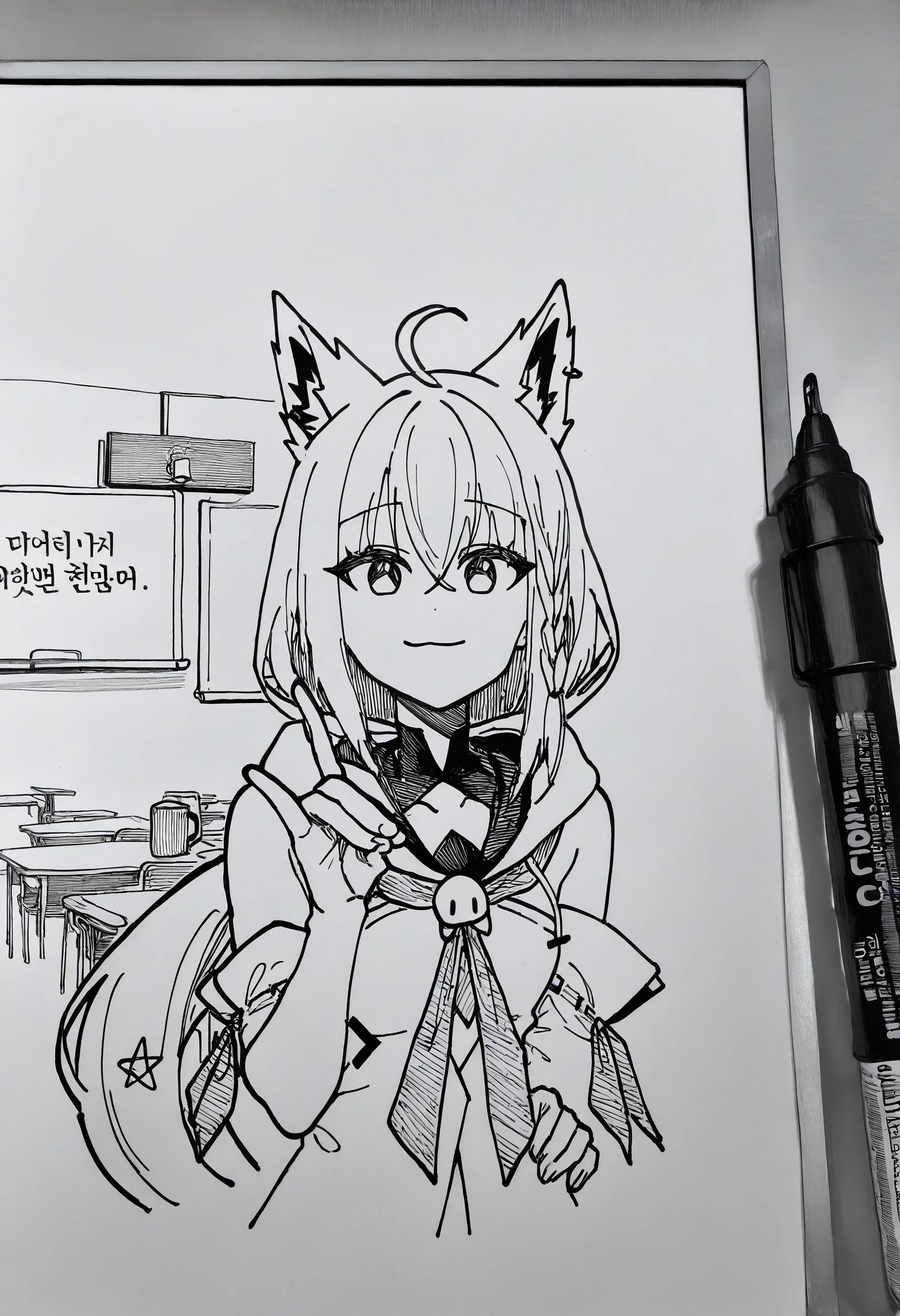 masterpiece, best quality, newest, absurdres, highres, 1girl, whiteboard \(medium\), marker \(medium\), photo \(medium\), traditional media, monochrome, sketch, whiteboard, shirakami fubuki, fox shadow puppet, fox tail, korean text, hand on own hip, greyscale, upper body, wide shot, classroom, coffee mug, table,