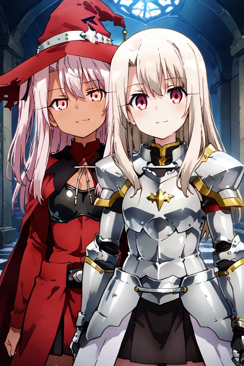 masterpiece, best quality, medium breasts, (curvy),  ,,, 2girls, chloe von einzbern, yellow eyes, pink hair, long hair, one side up, dark skin, illyasviel von einzbern, red eyes, white hair, long hair, red eyes, ,,, shiny metal, body armor, breastplate, fingerless gloves, shoulder armor, gauntlets, witch hat, mage robe, gold trim, smug, head tilt, smile, looking at viewer,<lora:PrismaIllyaIXL_v2:1.0>,