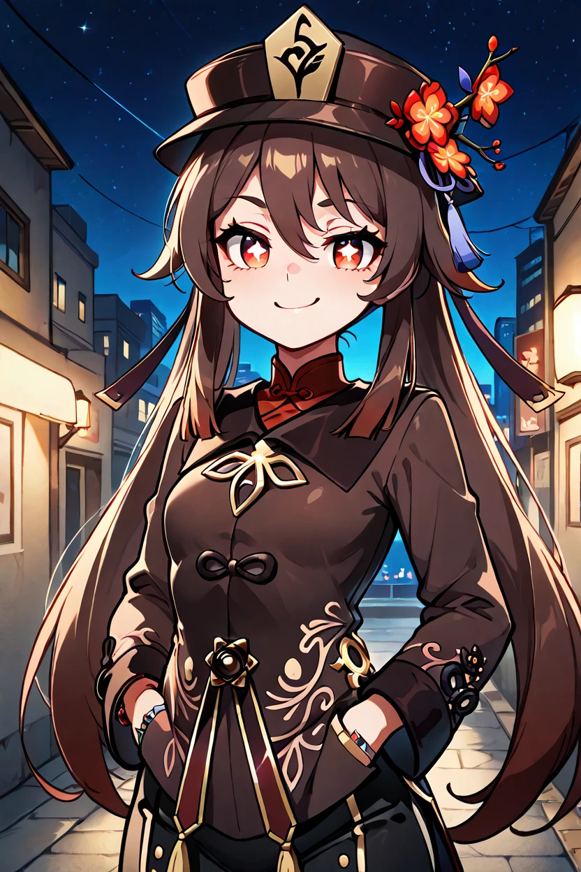 masterpiece, best quality, 1girl, solo, 21 year old model, eyelashes, (beautiful eyes),     zzHuTao, red eyes, hair between eyes, brown hair, long hair, twintails, flower-shaped pupils, long sleeves, black headwear, hat flower, jewelry, chinese clothes, black nails, ring,  ,<lora:HuTaoGenshinIXL:1.0>, ,,, stars, night, luminescent background, city, back alley, smug, hands in pockets, smile, looking at viewer, shiny skin, <lora:GoldenCATLoraIXL:0.6>, <lora:princess_xl_v2:0.3>,