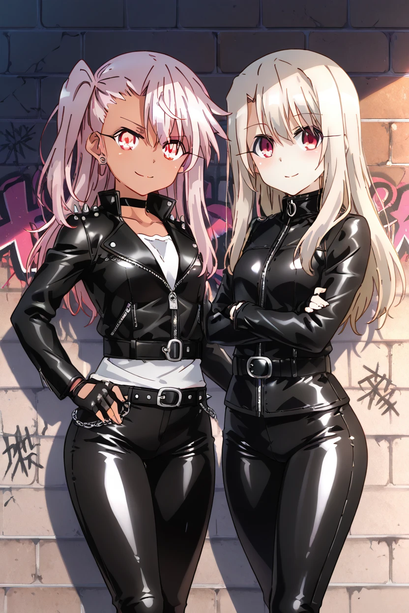 masterpiece, best quality, medium breasts, (curvy),  ,,, 2girls, chloe von einzbern, yellow eyes, pink hair, long hair, one side up, dark skin, illyasviel von einzbern, red eyes, white hair, long hair, red eyes,,, leather jacket, leather pants, black jacket, tight pants, black choker, zipper, fingerless gloves, biker clothes, spikes, multiple belts, shiny clothes, high collar, (graffiti), brick wall, smile, looking at viewer,<lora:PrismaIllyaIXL_v2:1.0>,