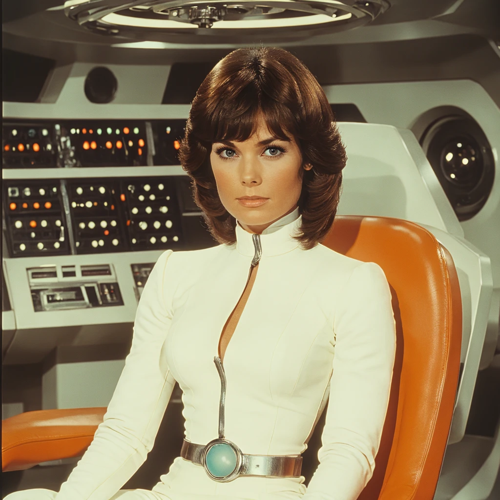 <lora:70sSci-FiMovieSD1:1> ArsMovieStill, movie still from a 1970s technicolor Sci-Fi movie, The image is a portrait of a woman sitting on a chair in a futuristic space station. She is wearing a white and turquoise outfit with a high neckline and long sleeves. The outfit has a silver belt with a red and orange logo on it. The woman has shoulder-length dark hair styled in a bob with bangs and is looking directly at the camera with a serious expression. The background is blurred but it appears to be a control room with various electronic devices and equipment. The overall mood of the image is futuristic and futuristic., 1girl, solo, gloves, brown hair, sitting, elbow gloves, breasts, dark skin, belt, looking at viewer