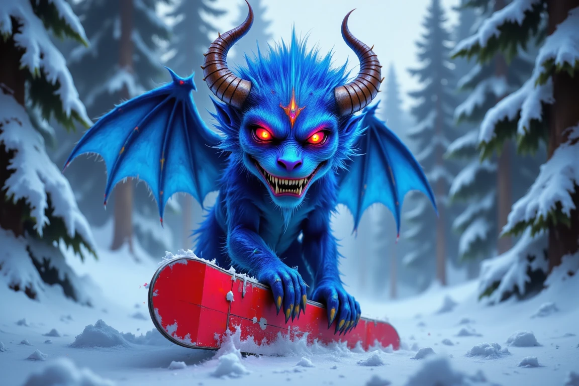 a vibrant blueton monster with sharp horns stands atop a red snowboard. The creature's face is glowing with glowing red eyes, adding a pop of color to the otherwise monochromatic scene. Its wings are spread out, adding texture to the composition. The scene is set against a backdrop of snow-covered trees, their branches covered in snow, creating a stark contrast to the scene. The background is blurred, adding depth to the image. in cbr-styl style