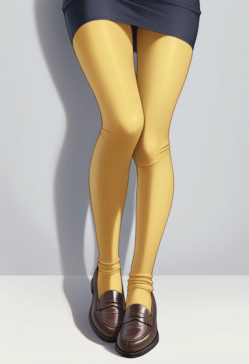 masterpiece, best quality, amazing quality, very aesthetic, absurdres, 1girl, solo, full body, flame painter, leg focus,
button down shirt, pencil skirt, loafers, ribbed pantyhose, <lora:CottonTights-Illustrious:0.3> cotton tights, loose tights, knee crease, ankle crease,
gold pantyhose,