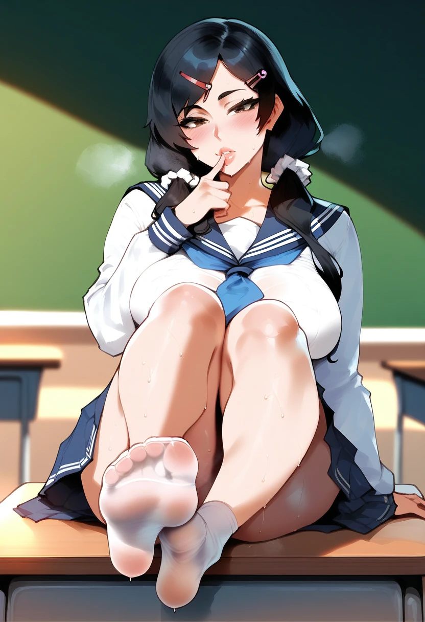 score_9, score_8_up, score_7_up, score_6_up, source_anime,<lora:CMN(Pony)0.1v:1>,
1girl, feet, no shoes, solo, foot focus, hair ornament, soles, sweat, school uniform, looking at viewer, toes, sailor collar, serafuku, blush, twintails, long hair, desk, indoors, long sleeves, black hair, neckerchief, hairclip, classroom, shirt, finger to mouth, breasts, chalkboard, steaming body, white shirt, steam, blurry, socks, low twintails, school desk, white scrunchie, brown eyes, blue sailor collar, lips, sitting, pantyhose, black sailor collar, large breasts, smell, parted lips, foreshortening, black eyes, skirt, hair over shoulder, blue neckerchief