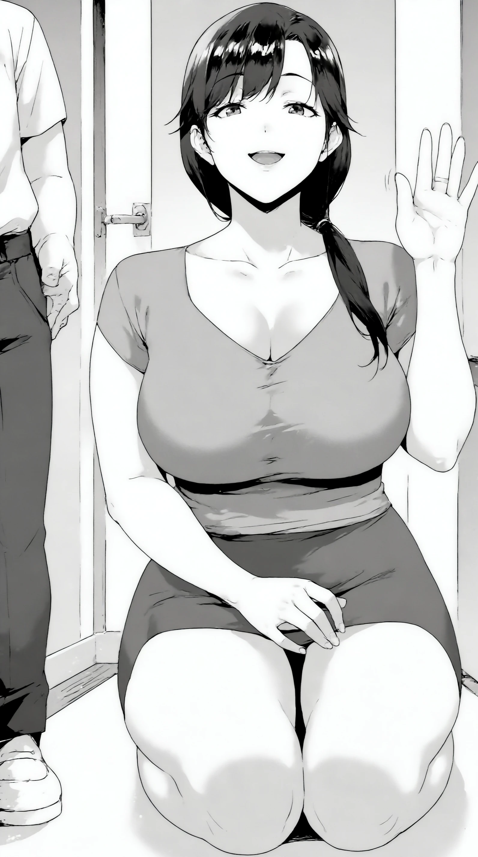 score_9, score_8_up, score_7_up, monochrome, manga_source, best background, detailed background, manga, greyscale, monochrome  Onna, smile, open mouth, shirt, skirt, sitting, short sleeves, thighs, solo focus, hand up, miniskirt, kneeling, facing viewer, seiza, pencil skirt, waving  <lora:JN_Onna_Pony:0.8>