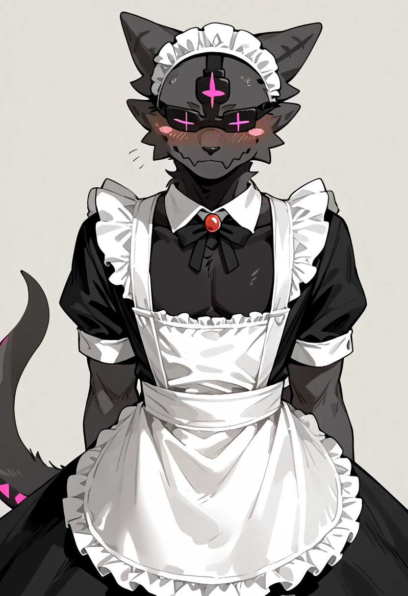 score_9, score_8_up, score_7_up, hi res, n1ghtcrawler, solo, anthro, furry, black body, male, looking at viewer, seductive, simple background, maid dress, blush, <lora:NightCrawler_Kaiju_Paradise:1>