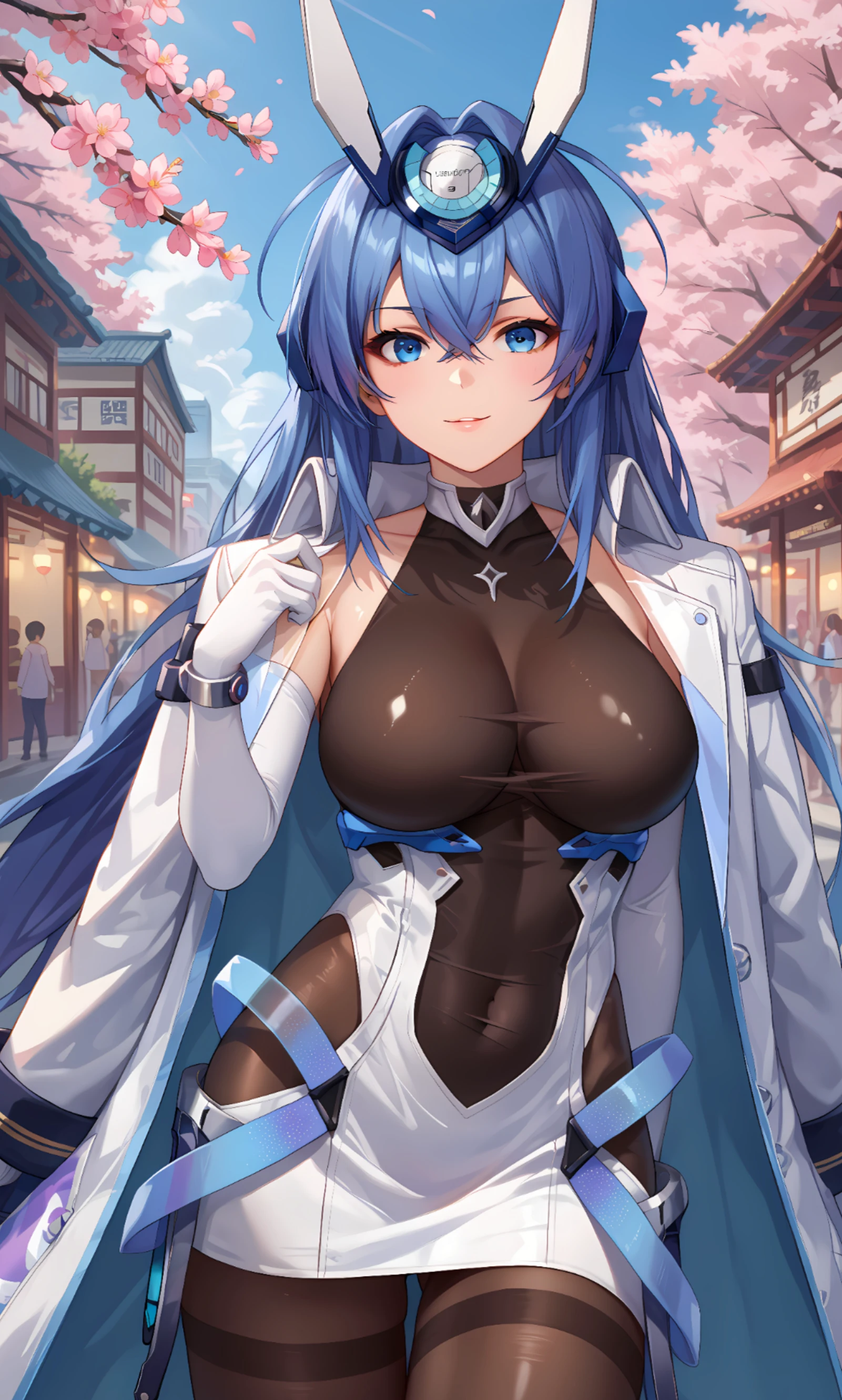 masterpiece, best quality, highres, aanj, long hair, hair intakes, headgear, large breasts, bare shoulders, covered collarbone, bodystocking, white dress, sleeveless, elbow gloves, white gloves, covered navel, side cutout, pantyhose, <lora:new_jersey_(azur_lane)_v1:0.7>, standing, cowboy shot, outdoors