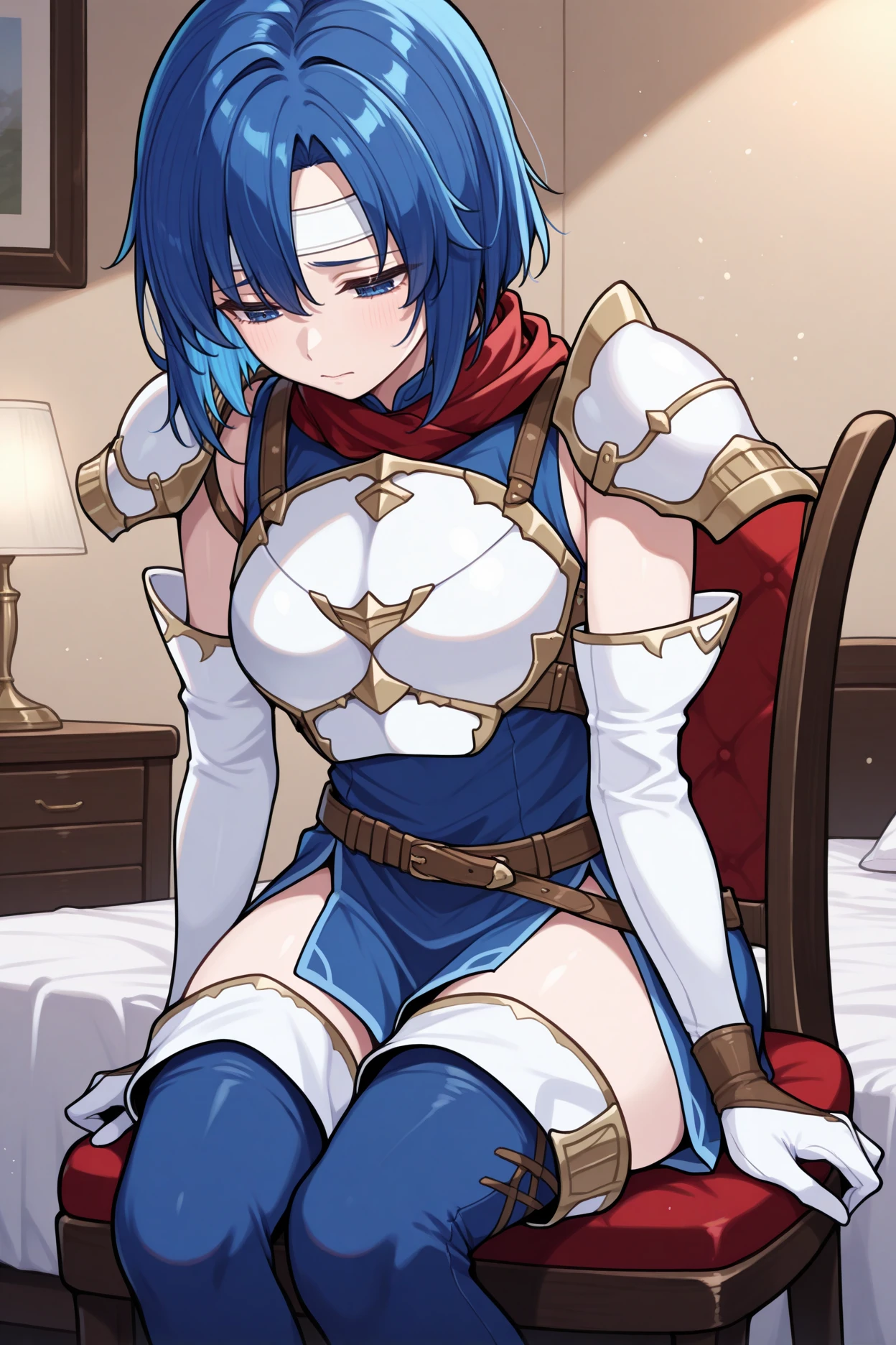 masterpiece, best quality, 1girl, solo, <lora:fecatria-illu-nvwls-v1-000005:1> dfCt, blue hair, medium hair, blue eyes, white headband, white armor, sleeveless dress, blue dress, shoulder armor, red scarf, brown belt, long gloves, white gloves, blue thigh boots, sitting, chair, hotel room, looking down, sad, sitting in chair, implied sex, bed in foreground